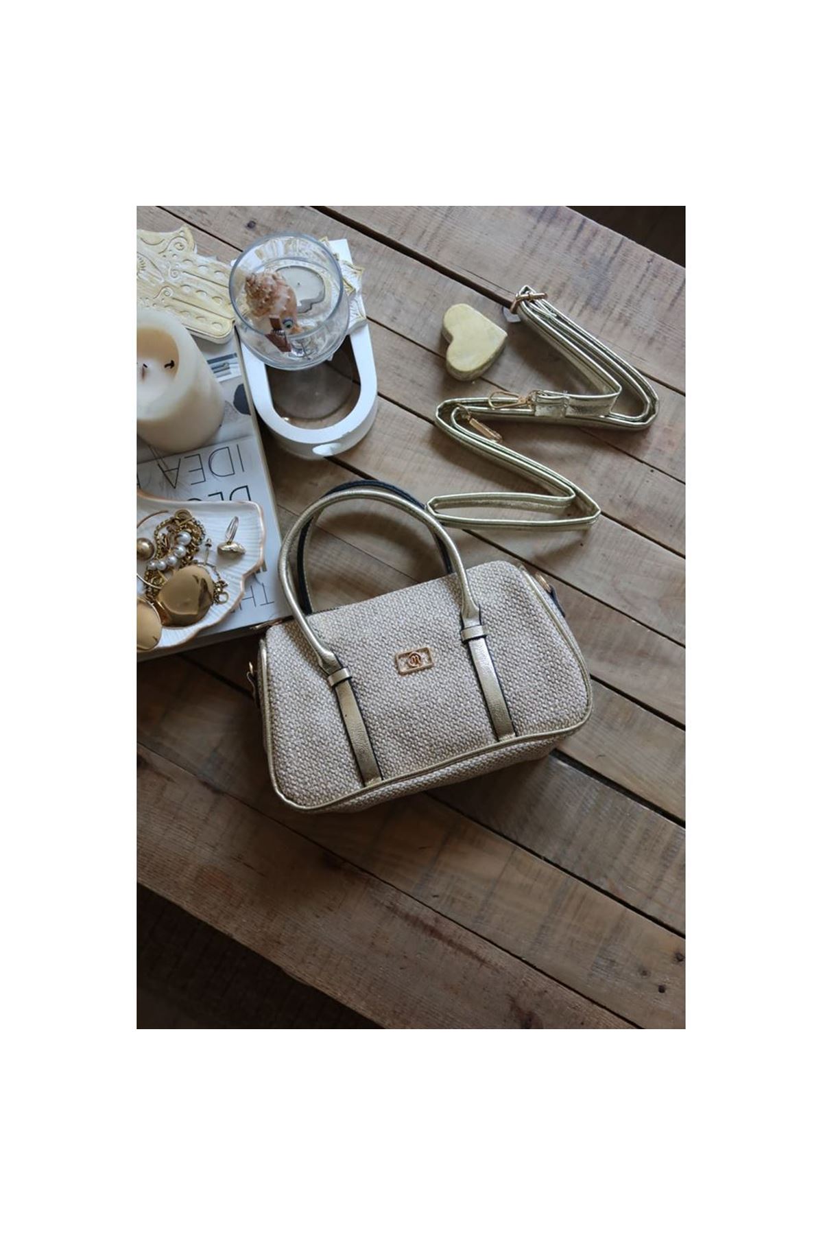 Gold Hasır Doku Çift Şeritli El Omuz Çantası