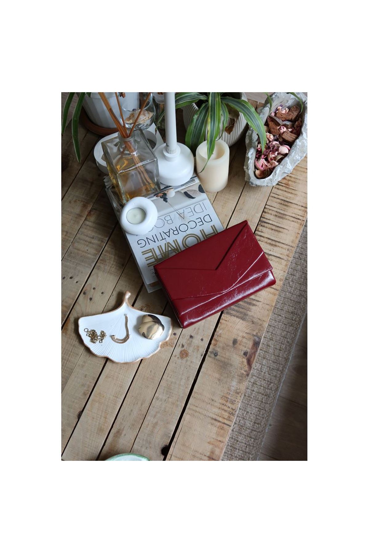 Kadın Bordo Rugan Zarf Kutu Omuz Çantası