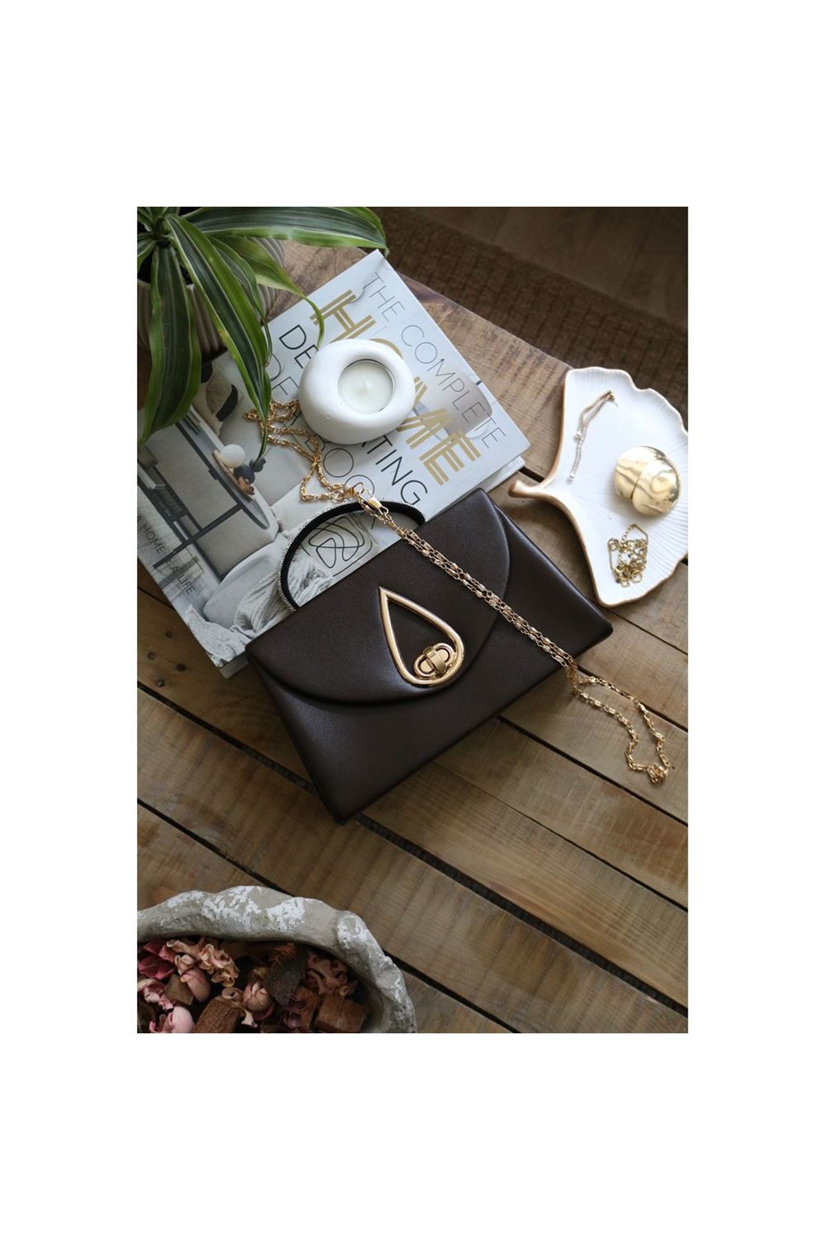 Acı Kahve Taş Tutma Saplı Damla Tokalı Abiye El Çantası