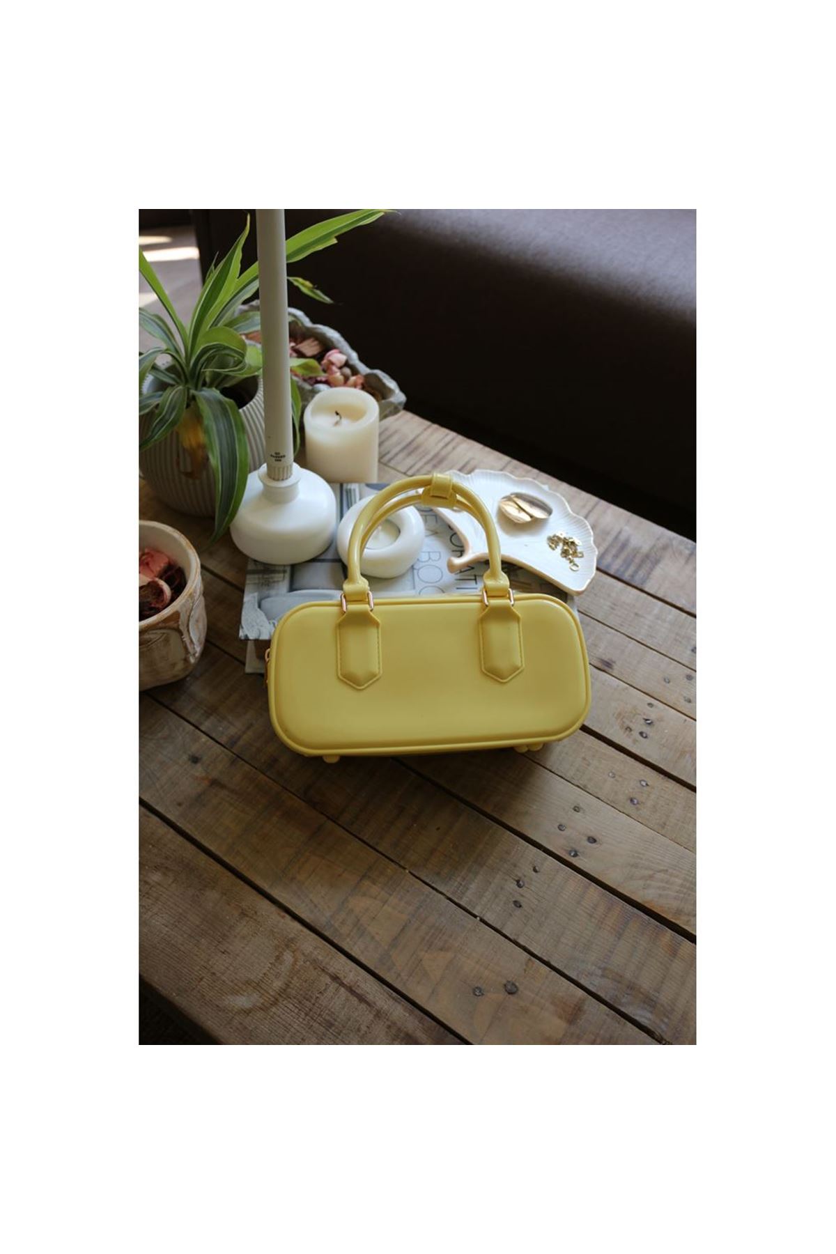 Kadın Sarı Silikon Çift Kulplu Askılı El &amp;amp; Omuz Çantası