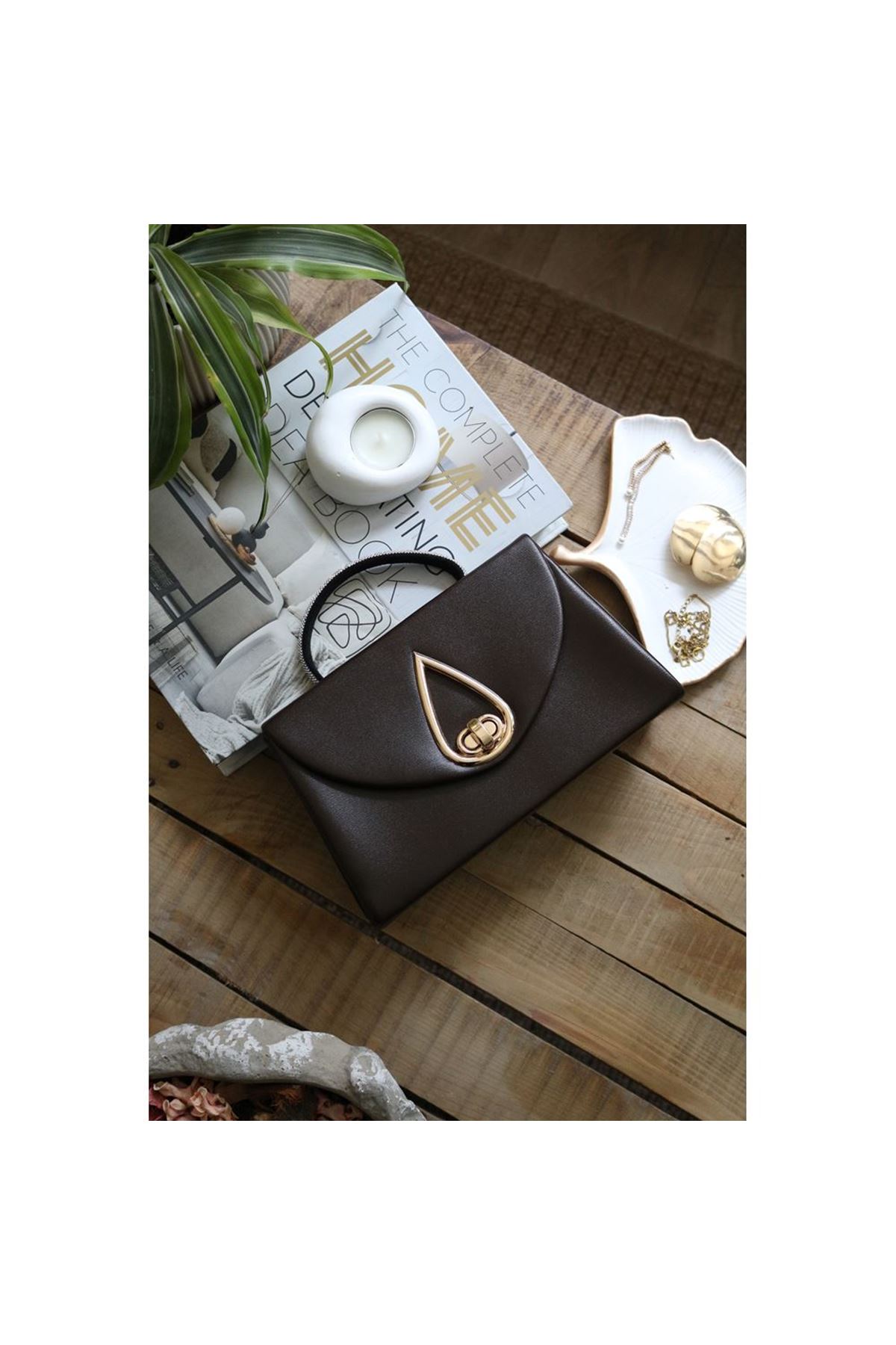 Acı Kahve Taş Tutma Saplı Damla Tokalı Abiye El Çantası