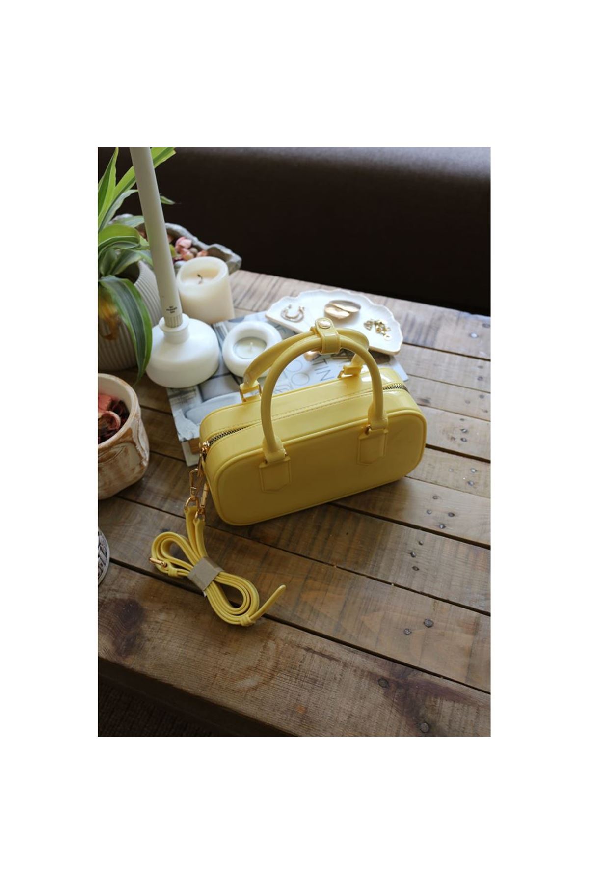 Kadın Sarı Silikon Çift Kulplu Askılı El &amp;amp; Omuz Çantası