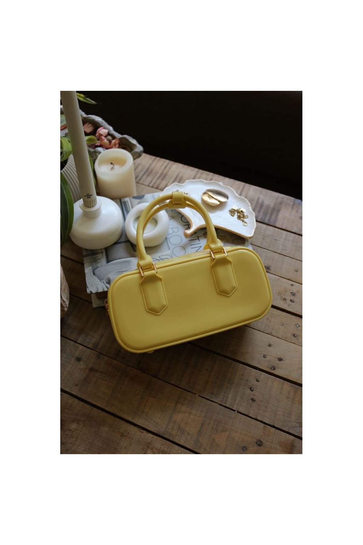 Kadın Sarı Silikon Çift Kulplu Askılı El &amp;amp; Omuz Çantası