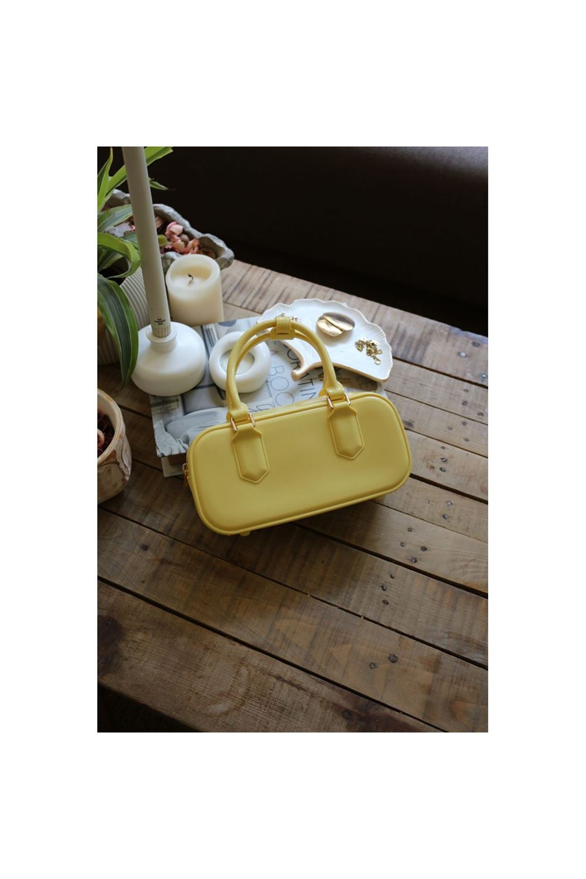 Kadın Sarı Silikon Çift Kulplu Askılı El &amp;amp; Omuz Çantası