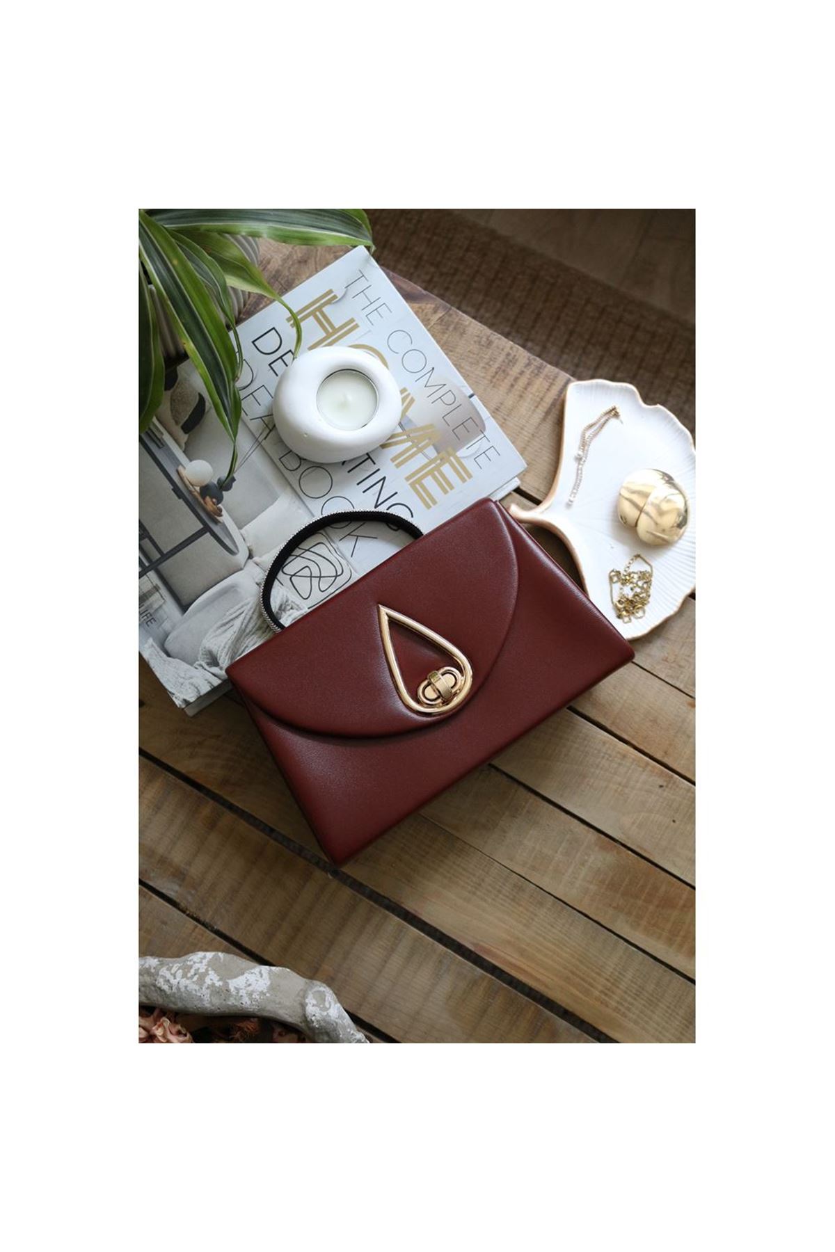 Bordo Taş Tutma Saplı Damla Tokalı Abiye El Çantası