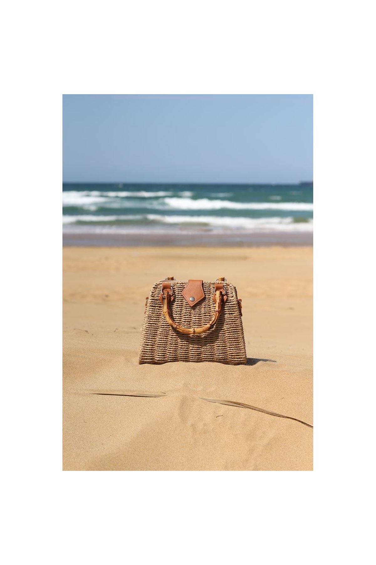 Kadın Camel Bambu Tutma Saplı Omuz Askılı Hasır Çanta