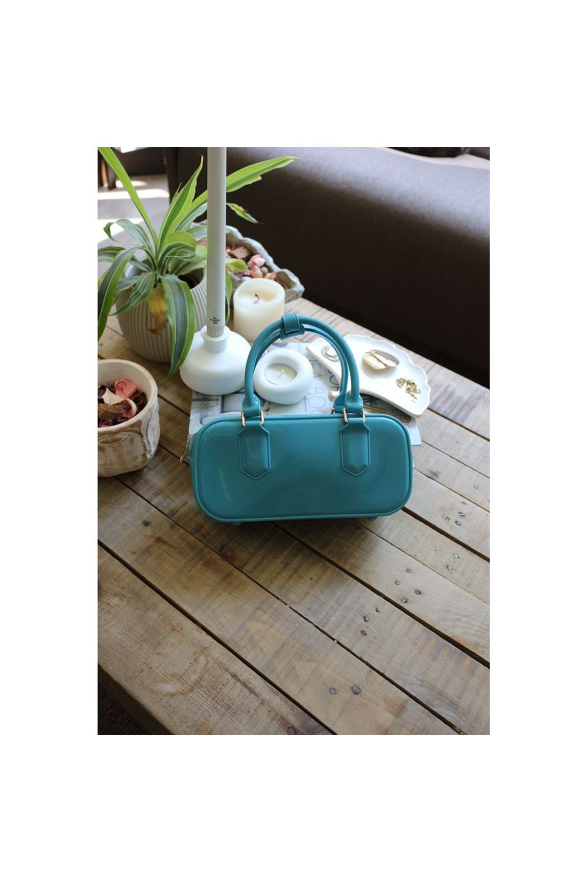 Kadın Turkuaz Silikon Çift Kulplu Askılı El &amp;amp; Omuz Çantası