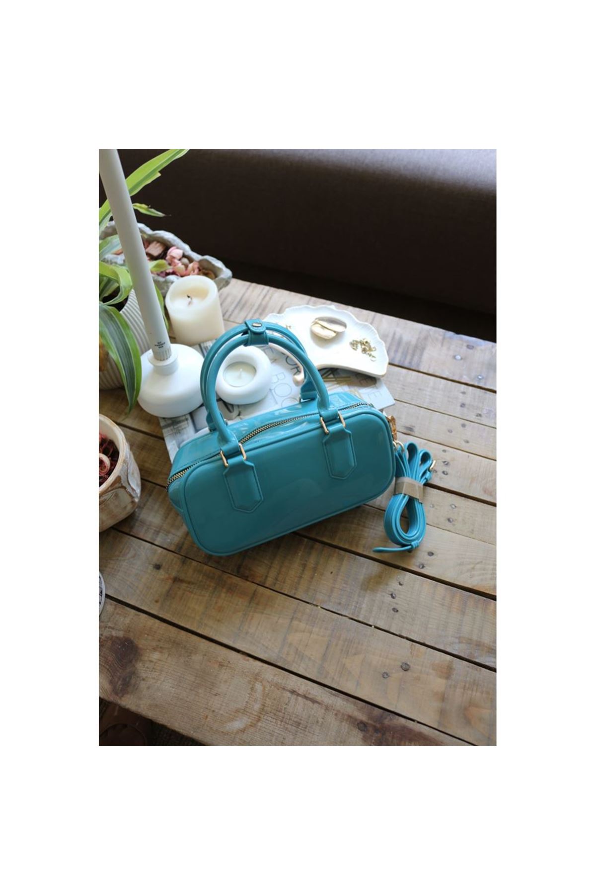 Kadın Turkuaz Silikon Çift Kulplu Askılı El &amp;amp; Omuz Çantası