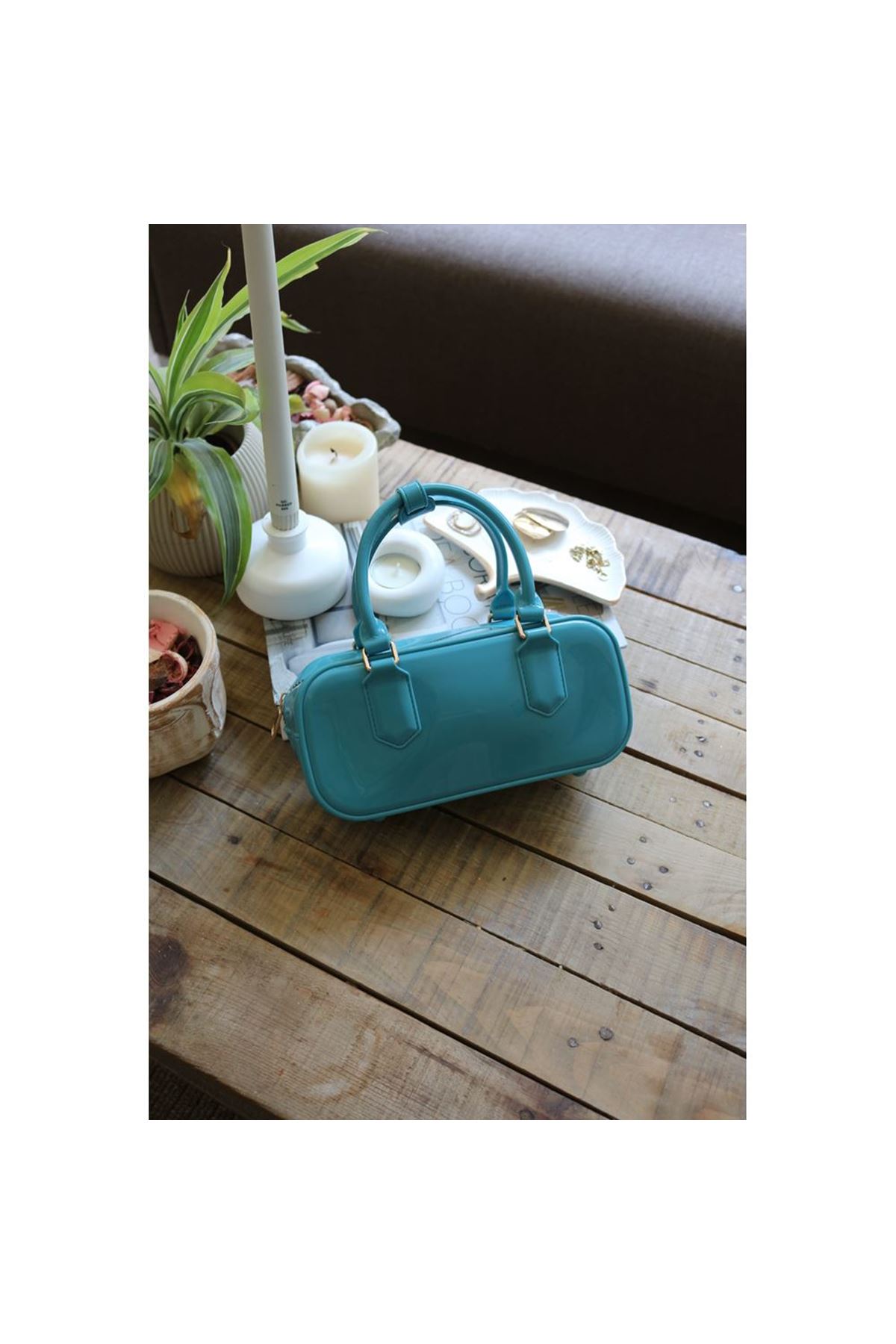 Kadın Turkuaz Silikon Çift Kulplu Askılı El &amp;amp; Omuz Çantası