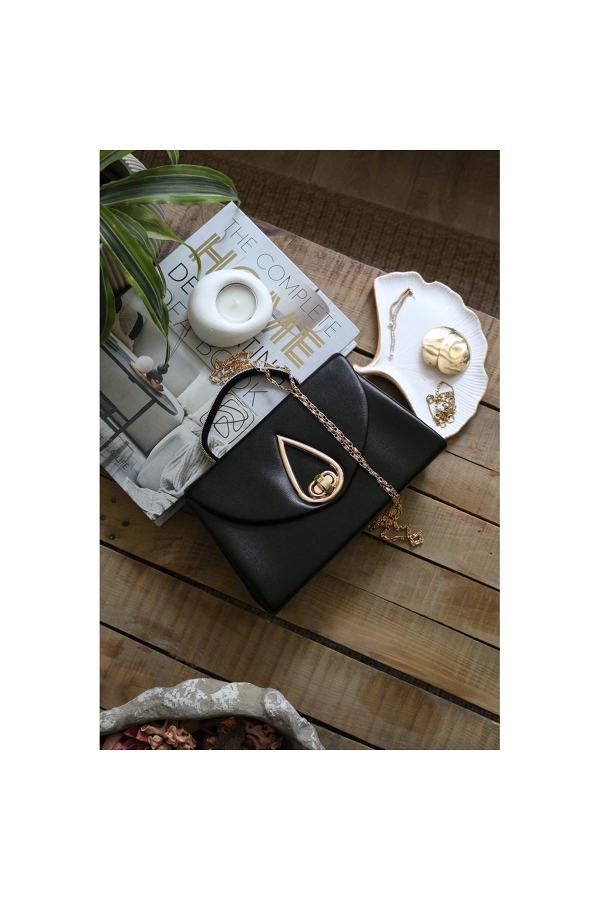 Siyah Taş Tutma Saplı Damla Tokalı Abiye El Çantası