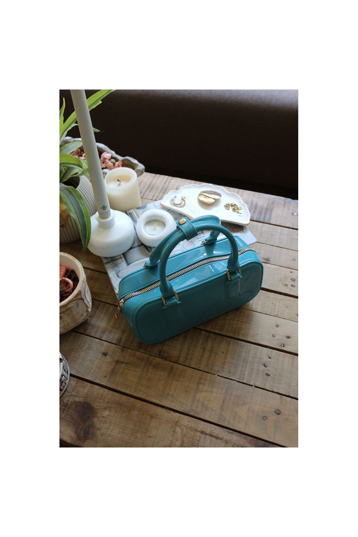 Kadın Turkuaz Silikon Çift Kulplu Askılı El &amp;amp; Omuz Çantası