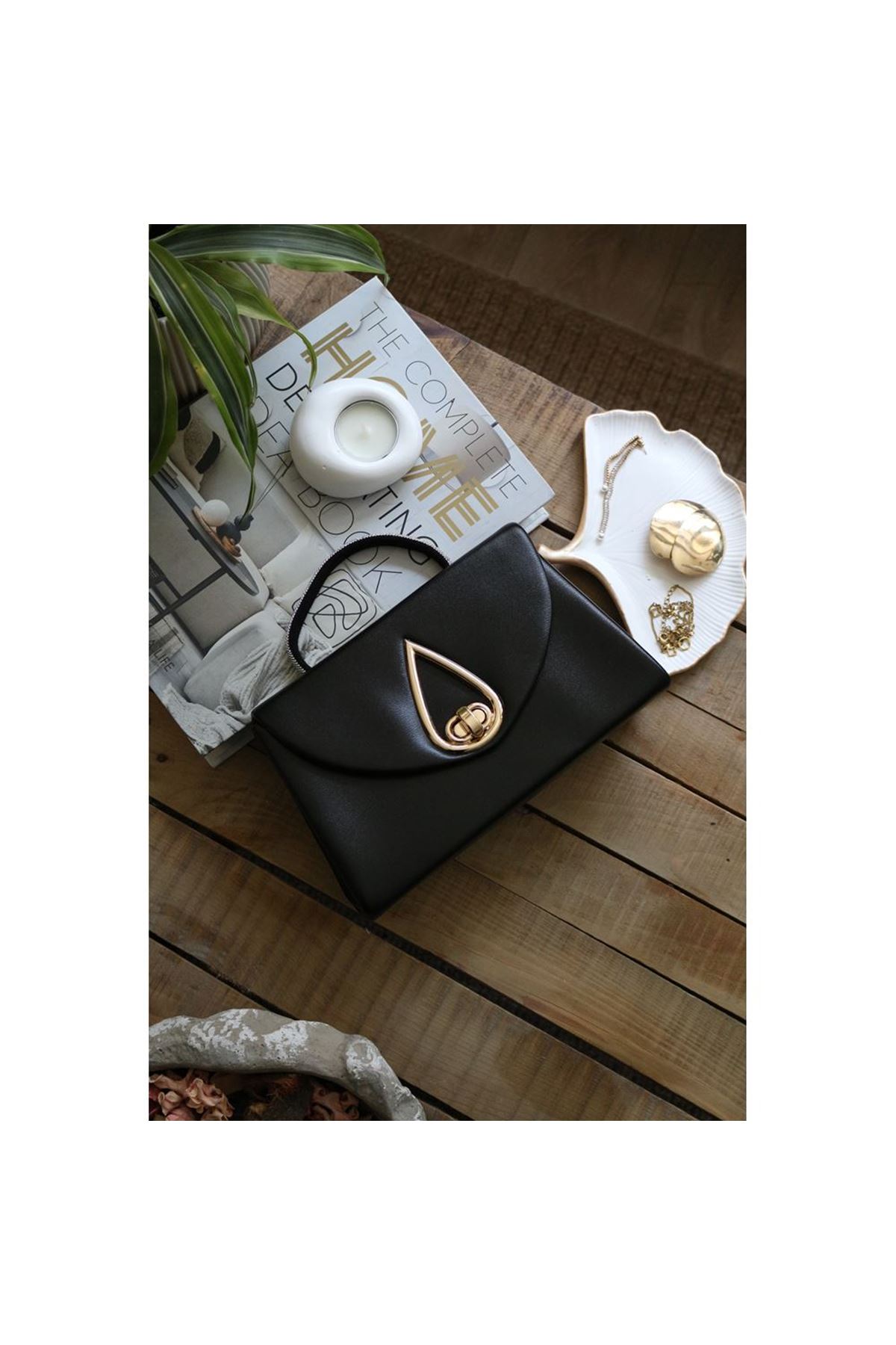 Siyah Taş Tutma Saplı Damla Tokalı Abiye El Çantası