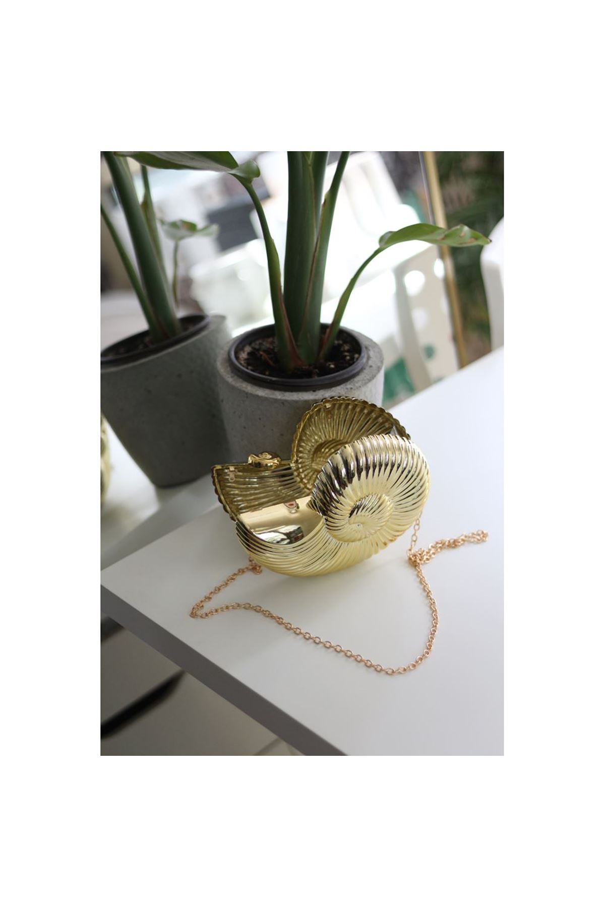 Kadın Gold Mika Deniz Kabuğu Desenli Abiye Çanta