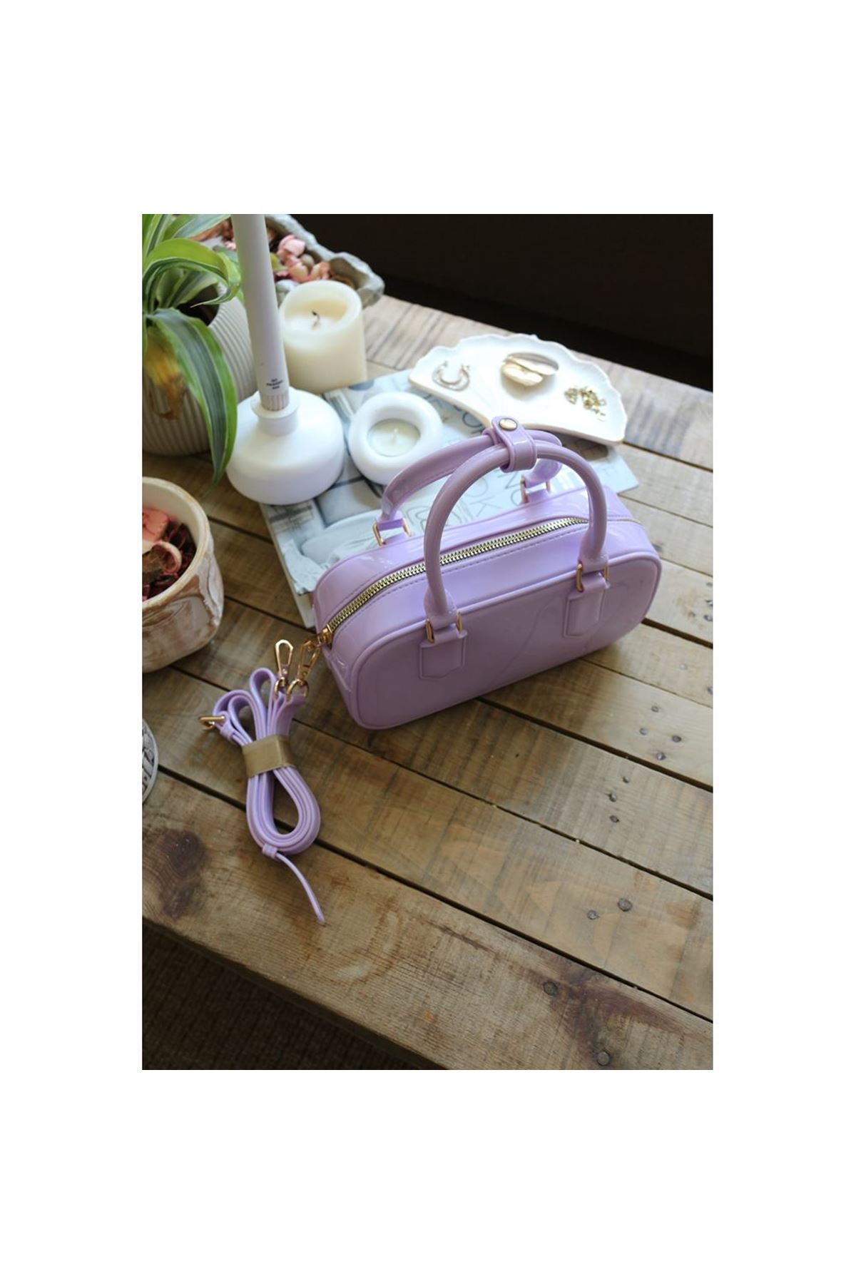 Kadın Lila Silikon Çift Kulplu Askılı El &amp;amp; Omuz Çantası