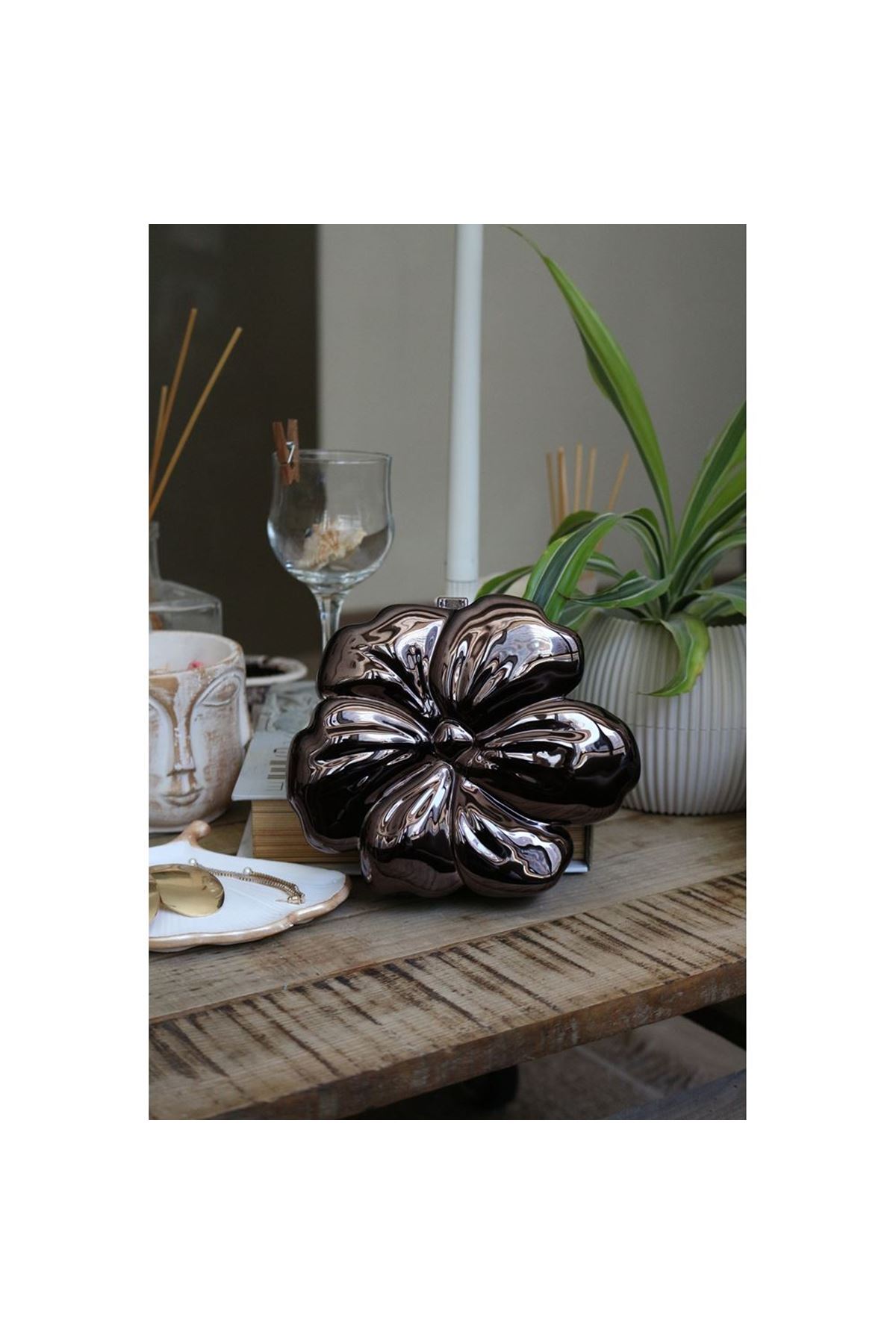 Kadın Platin Mika Kaplama Çiçek Desenli Abiye Çanta