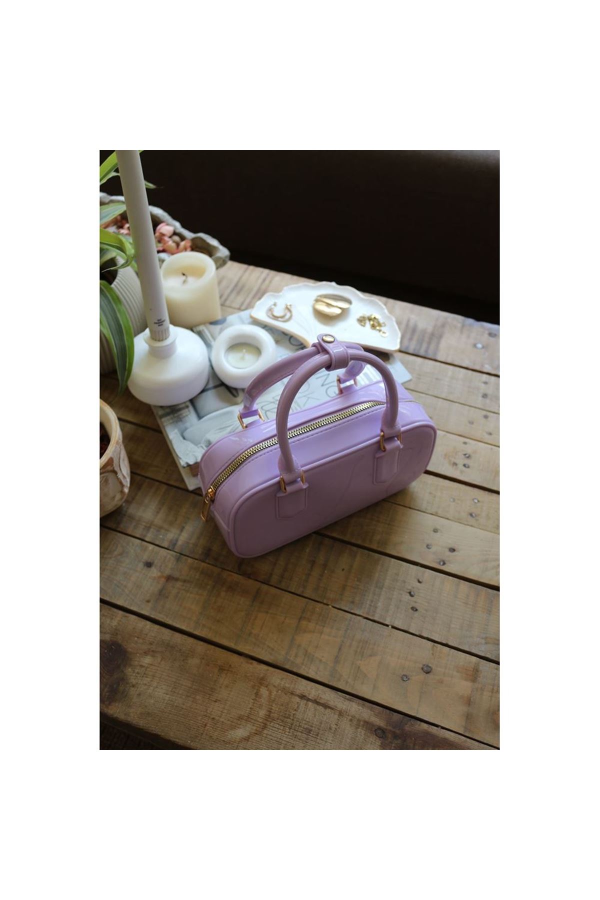 Kadın Lila Silikon Çift Kulplu Askılı El &amp;amp; Omuz Çantası