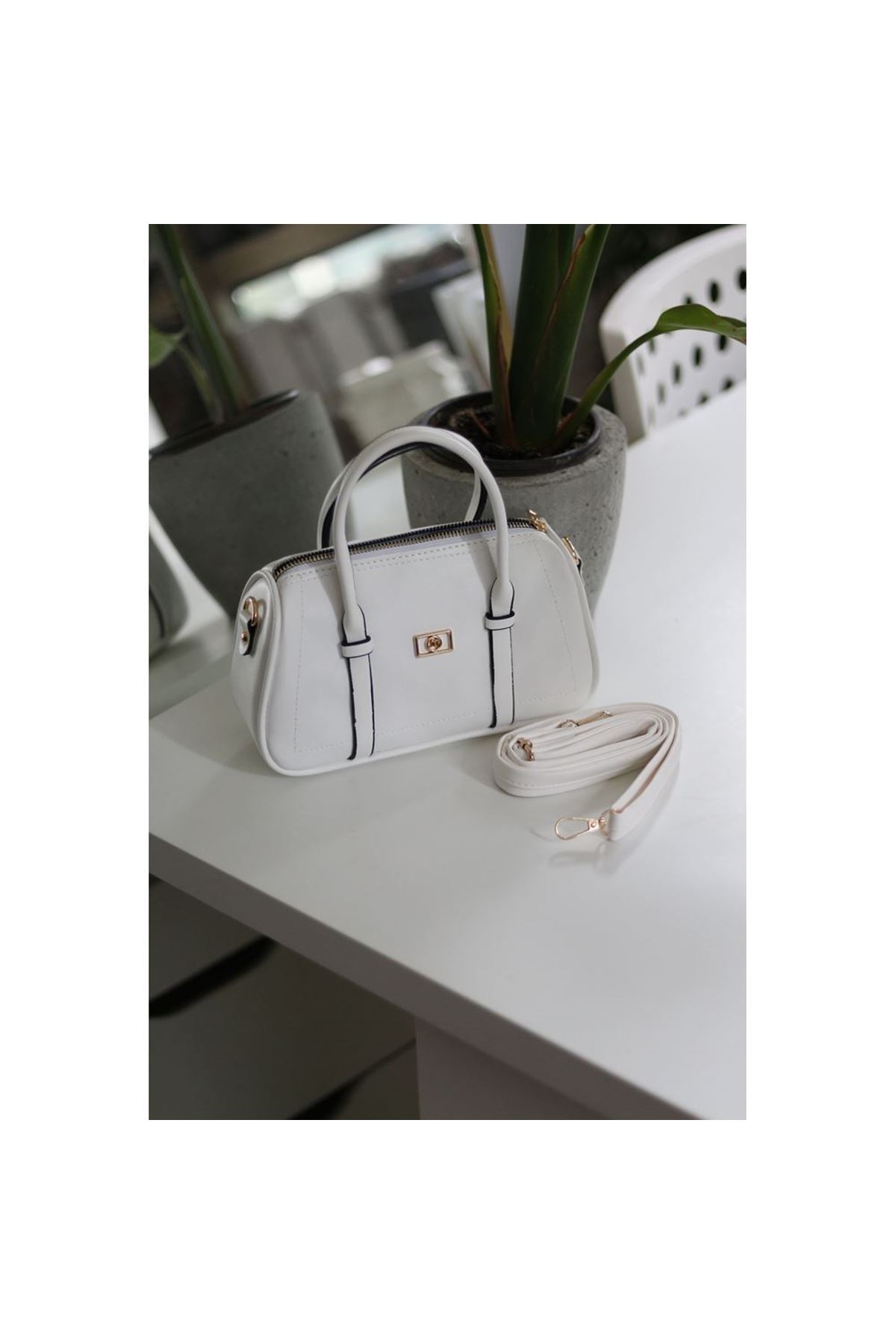 Kadın Beyaz Çift Şeritli Minimal Günlük El &amp;amp; Omuz Çantası