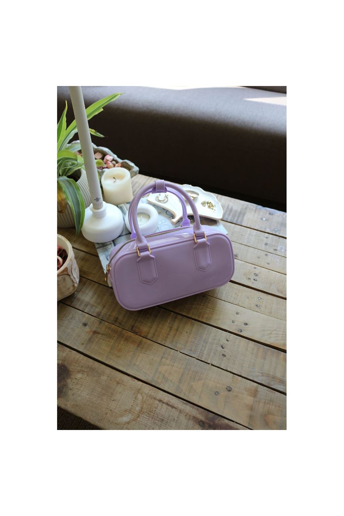 Kadın Lila Silikon Çift Kulplu Askılı El &amp;amp; Omuz Çantası