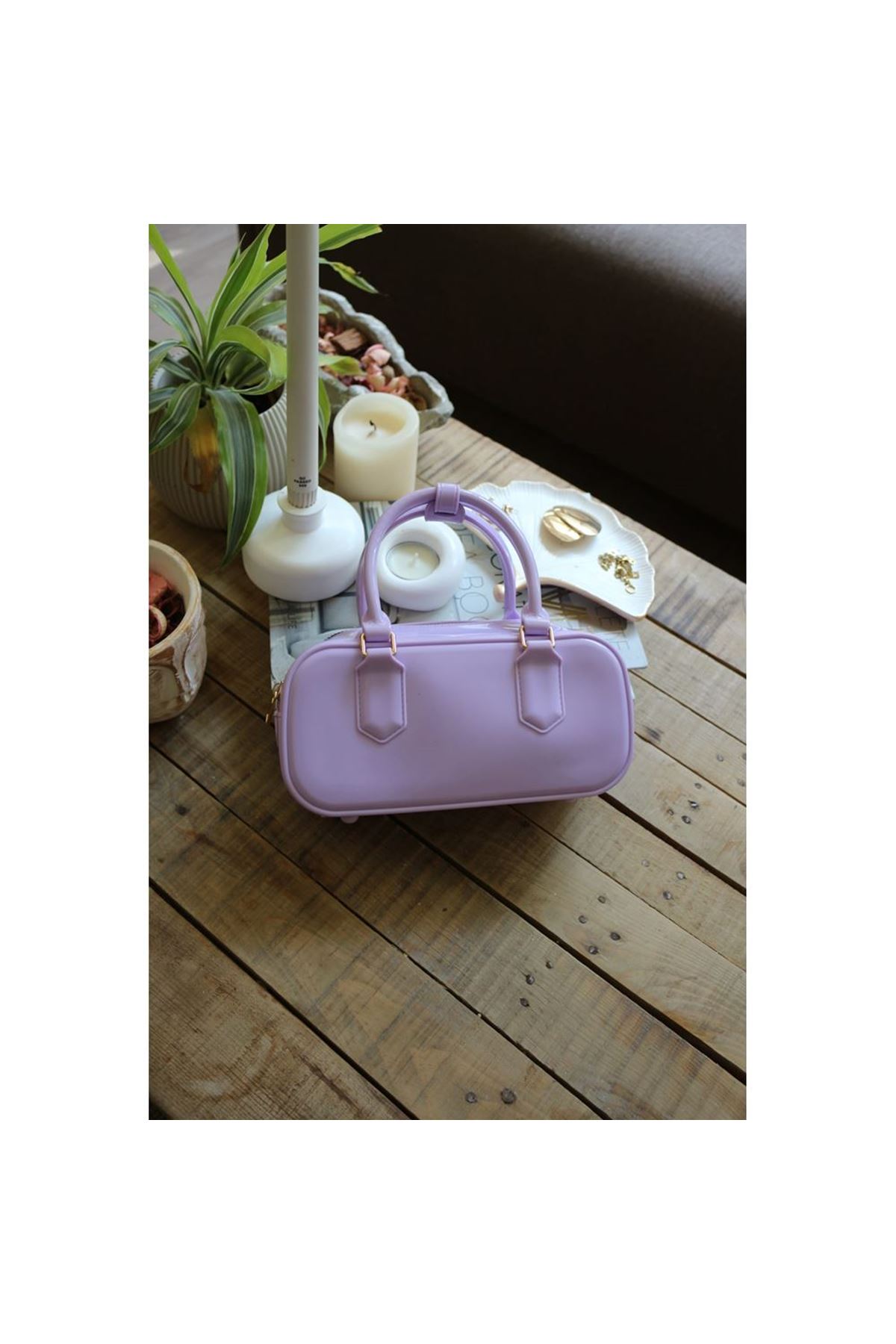 Kadın Lila Silikon Çift Kulplu Askılı El &amp;amp; Omuz Çantası