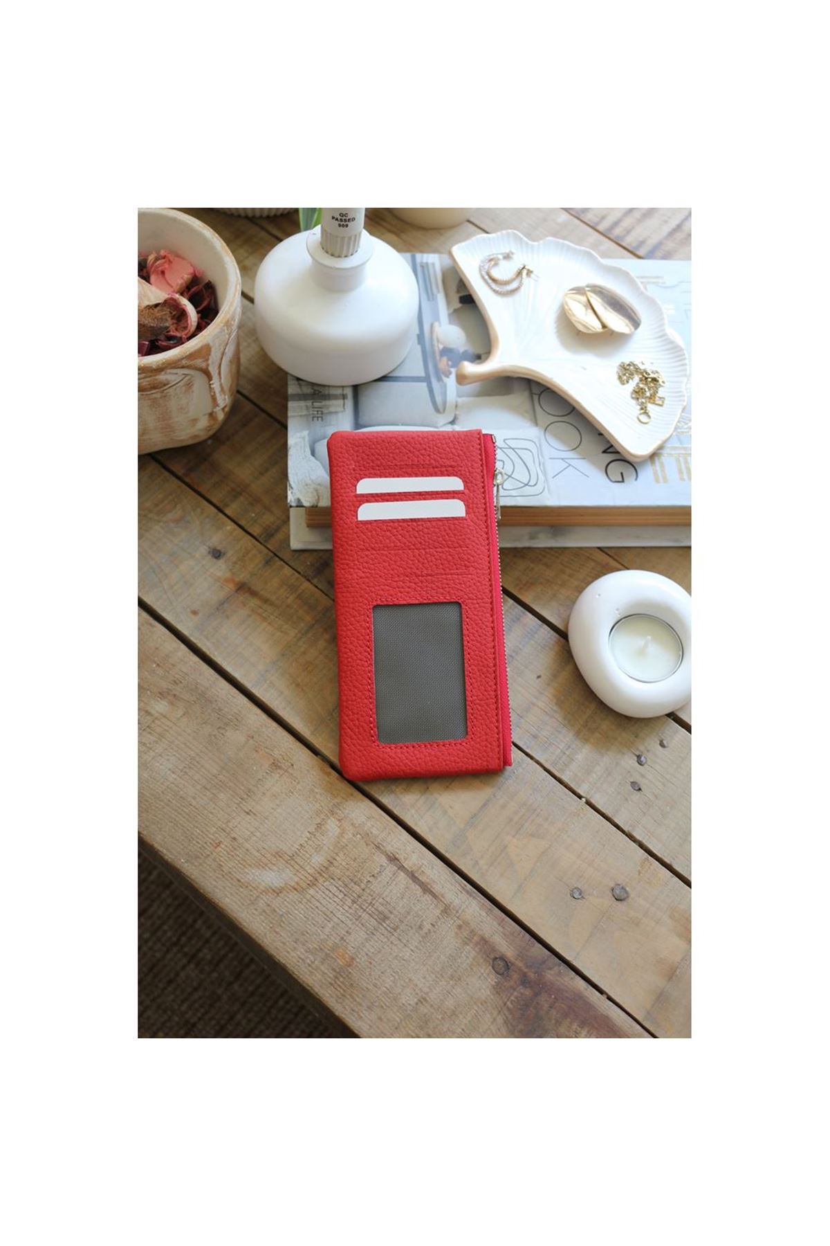 Kadın Kırmızı Gerçek Deri Fermuar Detaylı Kartlık