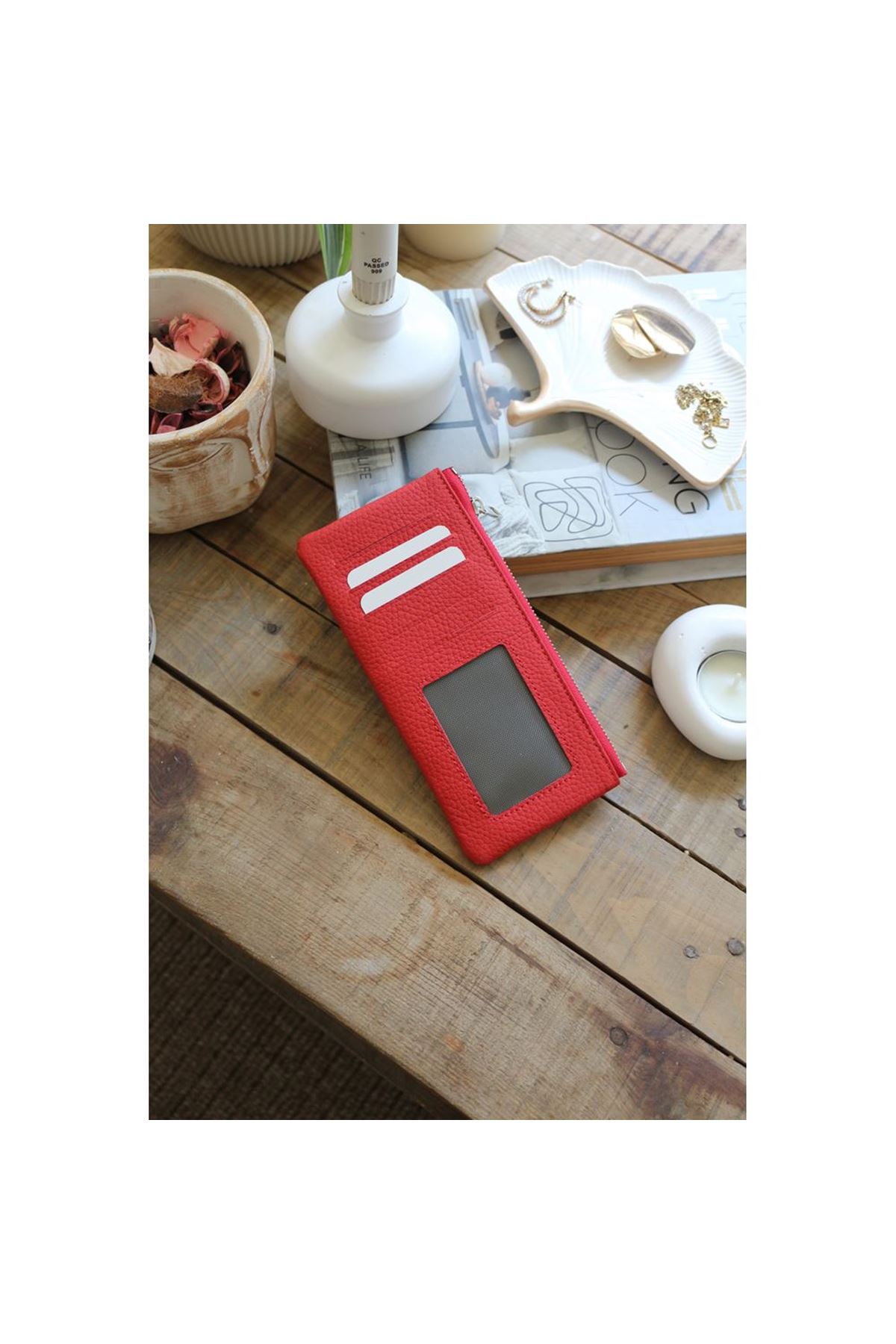 Kadın Kırmızı Gerçek Deri Fermuar Detaylı Kartlık