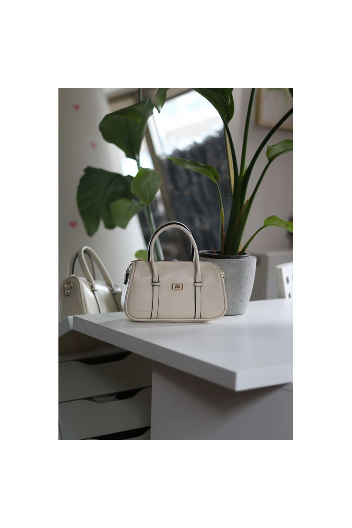 Kadın Krem Çift Şeritli Minimal Günlük El &amp;amp; Omuz Çantası