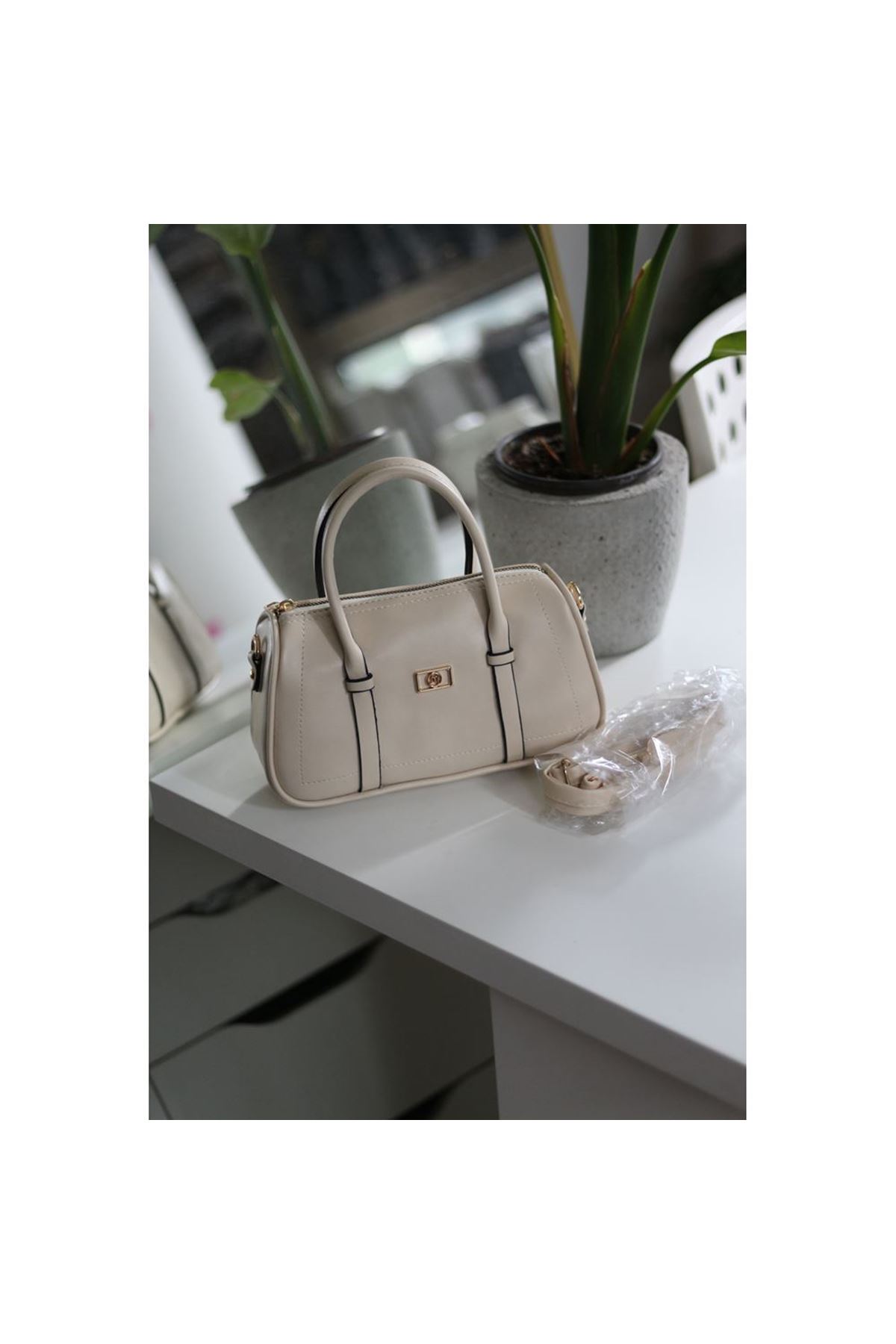 Kadın Krem Çift Şeritli Minimal Günlük El &amp;amp; Omuz Çantası