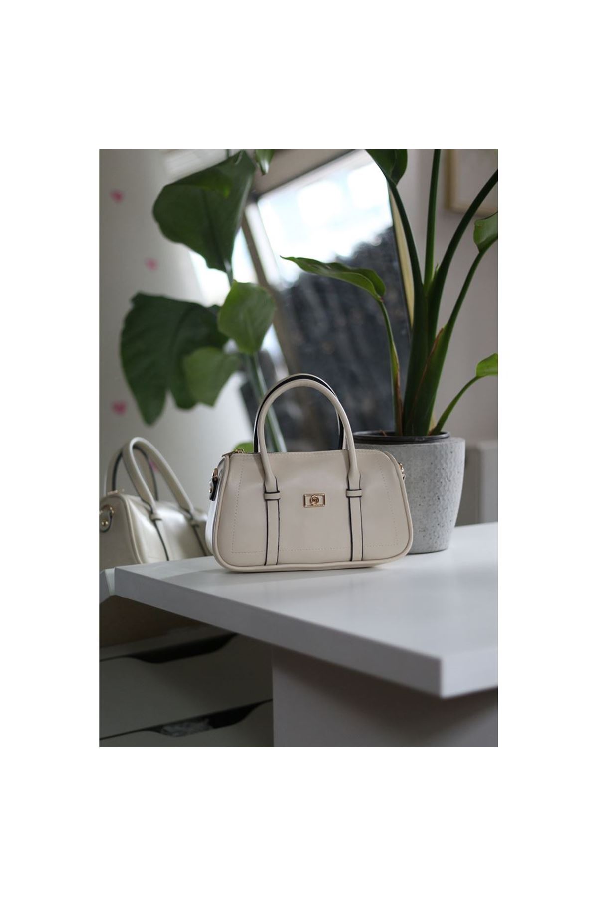 Kadın Krem Çift Şeritli Minimal Günlük El &amp;amp; Omuz Çantası