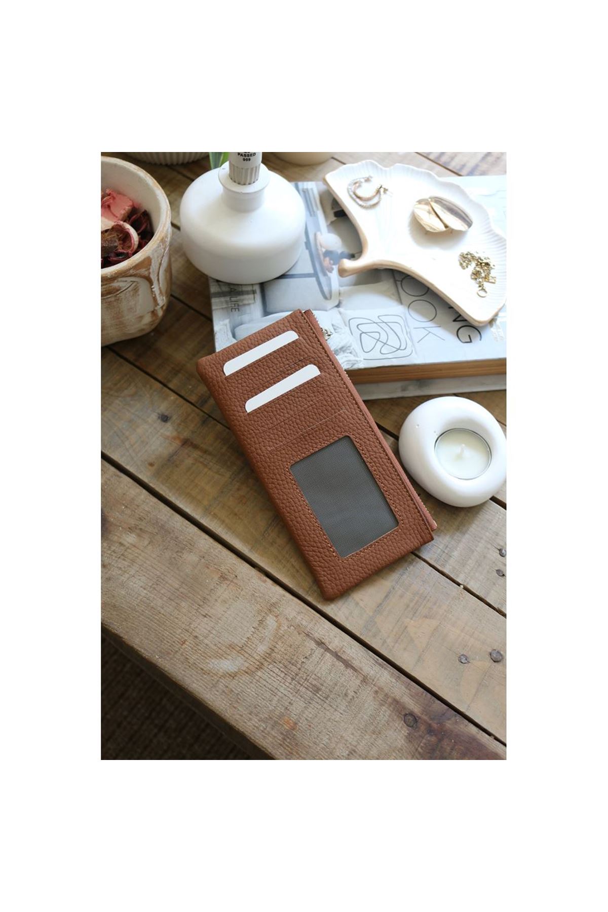 Kadın Taba Gerçek Deri Fermuar Detaylı Kartlık