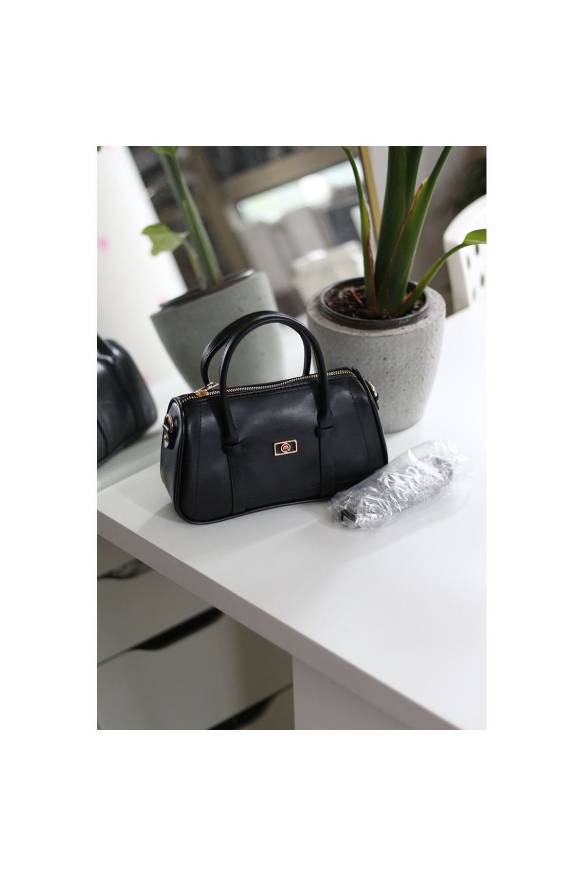 Siyah Çift Şeritli Minimal Günlük El &amp;amp; Omuz Çantası