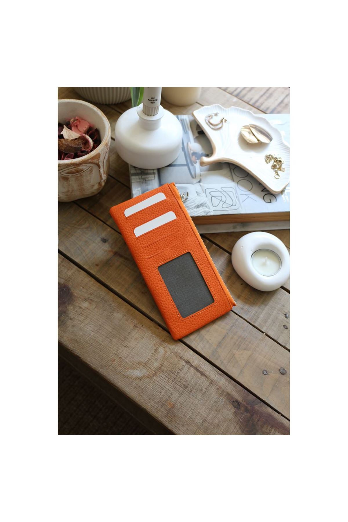 Kadın Turuncu Gerçek Deri Fermuar Detaylı Kartlık