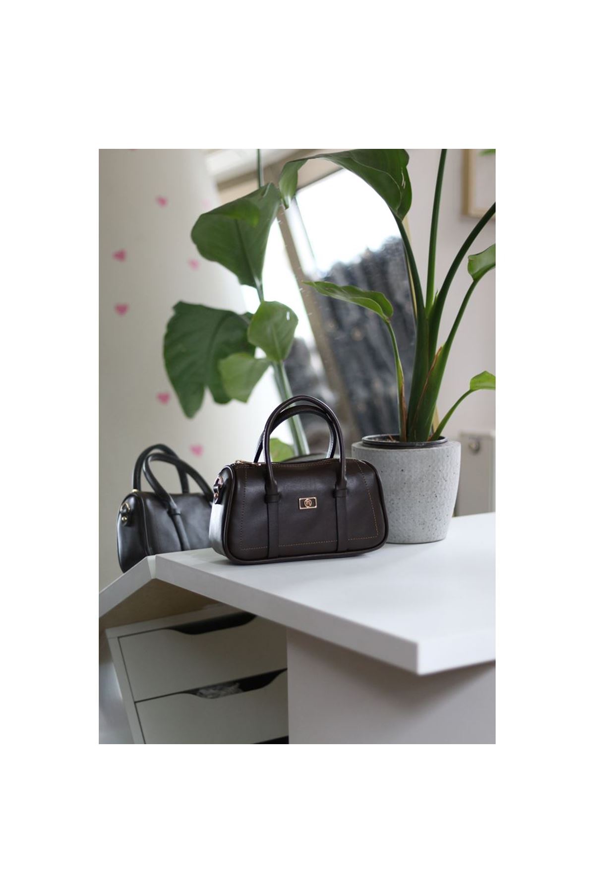 Kadın Acı Kahve Çift Şeritli Minimal Günlük El &amp;amp; Omuz Çantası