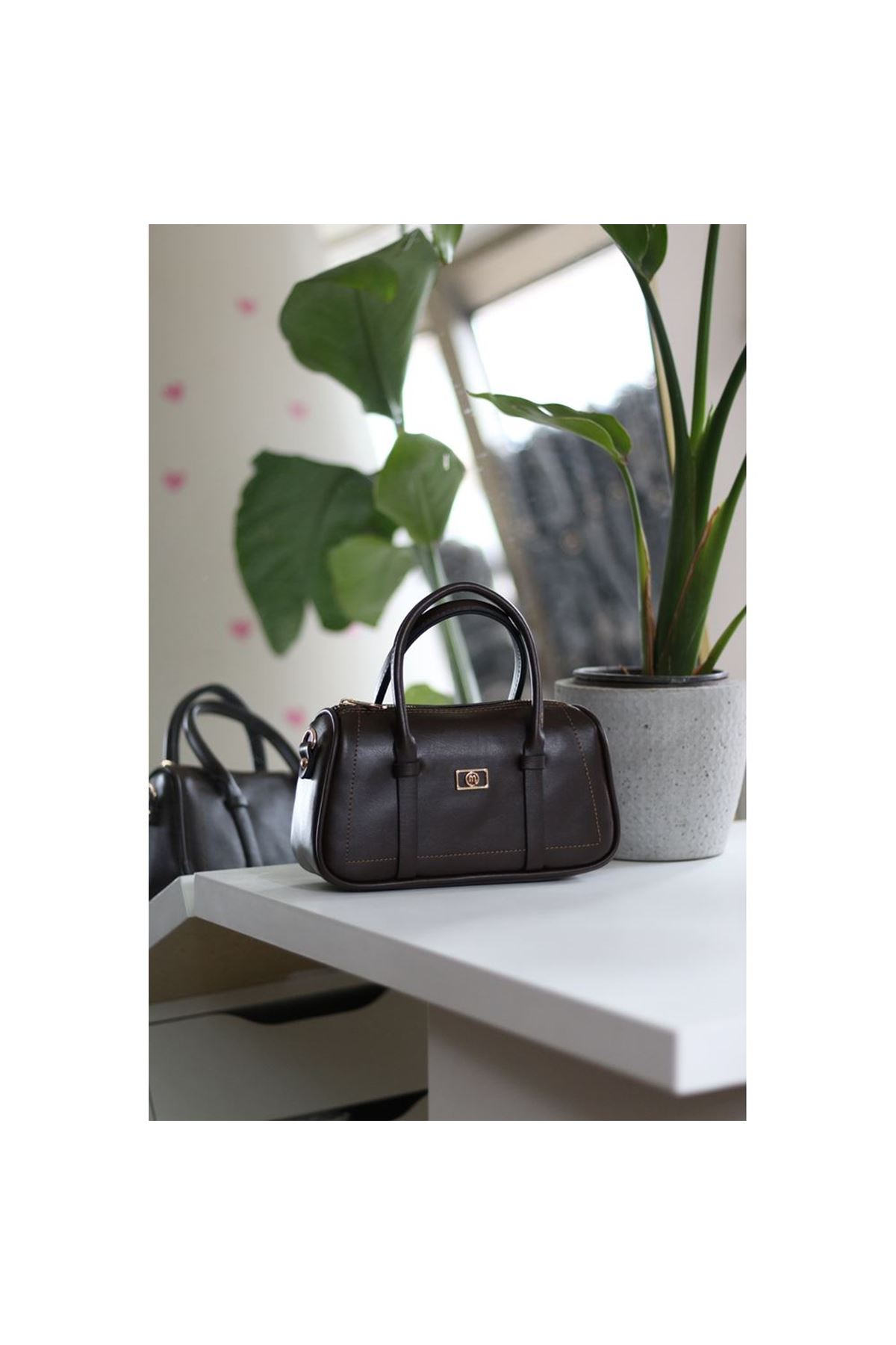 Kadın Acı Kahve Çift Şeritli Minimal Günlük El &amp;amp; Omuz Çantası