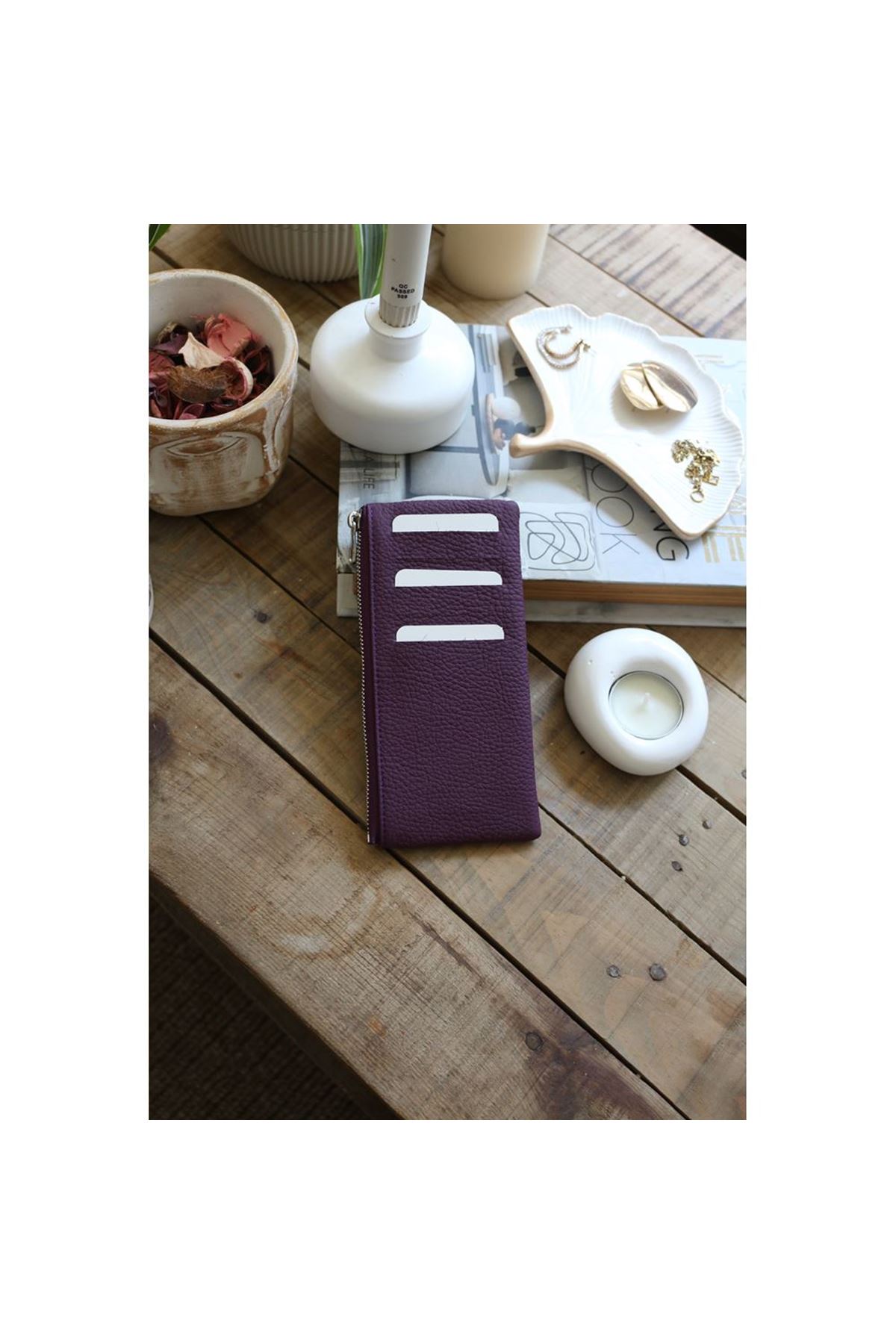 Kadın Mor Gerçek Deri Fermuar Detaylı Kartlık