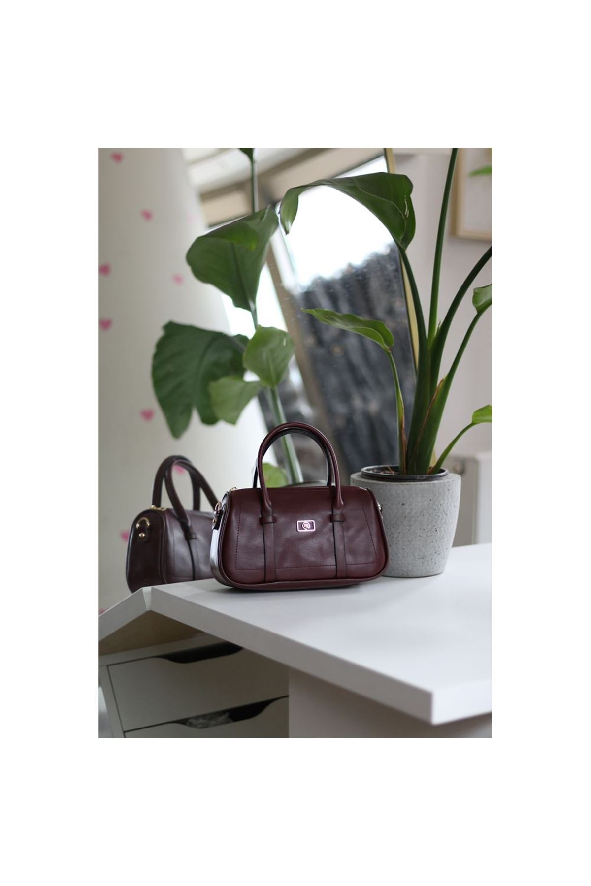 Kadın Bordo Çift Şeritli Minimal Günlük El &amp;amp; Omuz Çantası