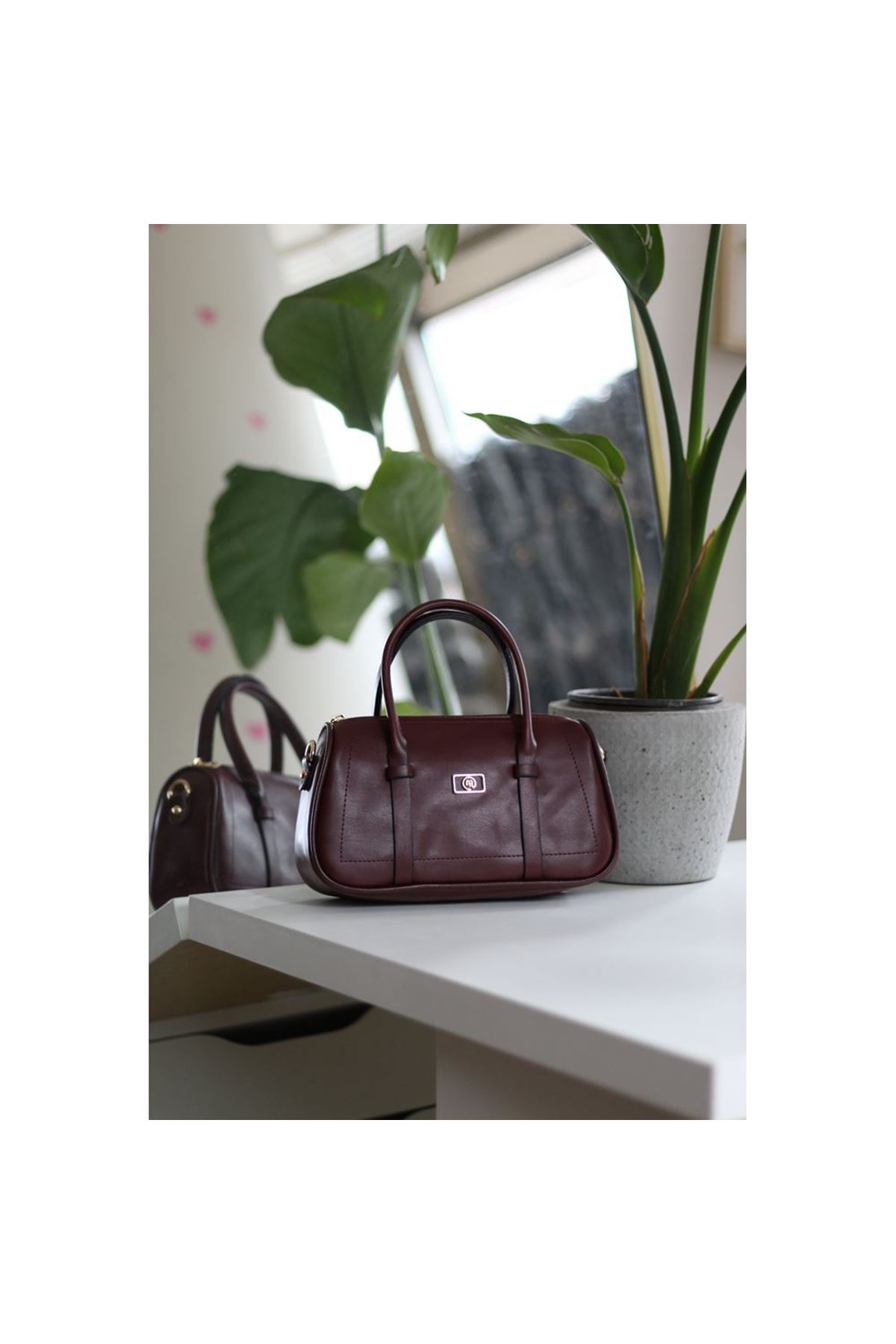 Kadın Bordo Çift Şeritli Minimal Günlük El &amp;amp; Omuz Çantası