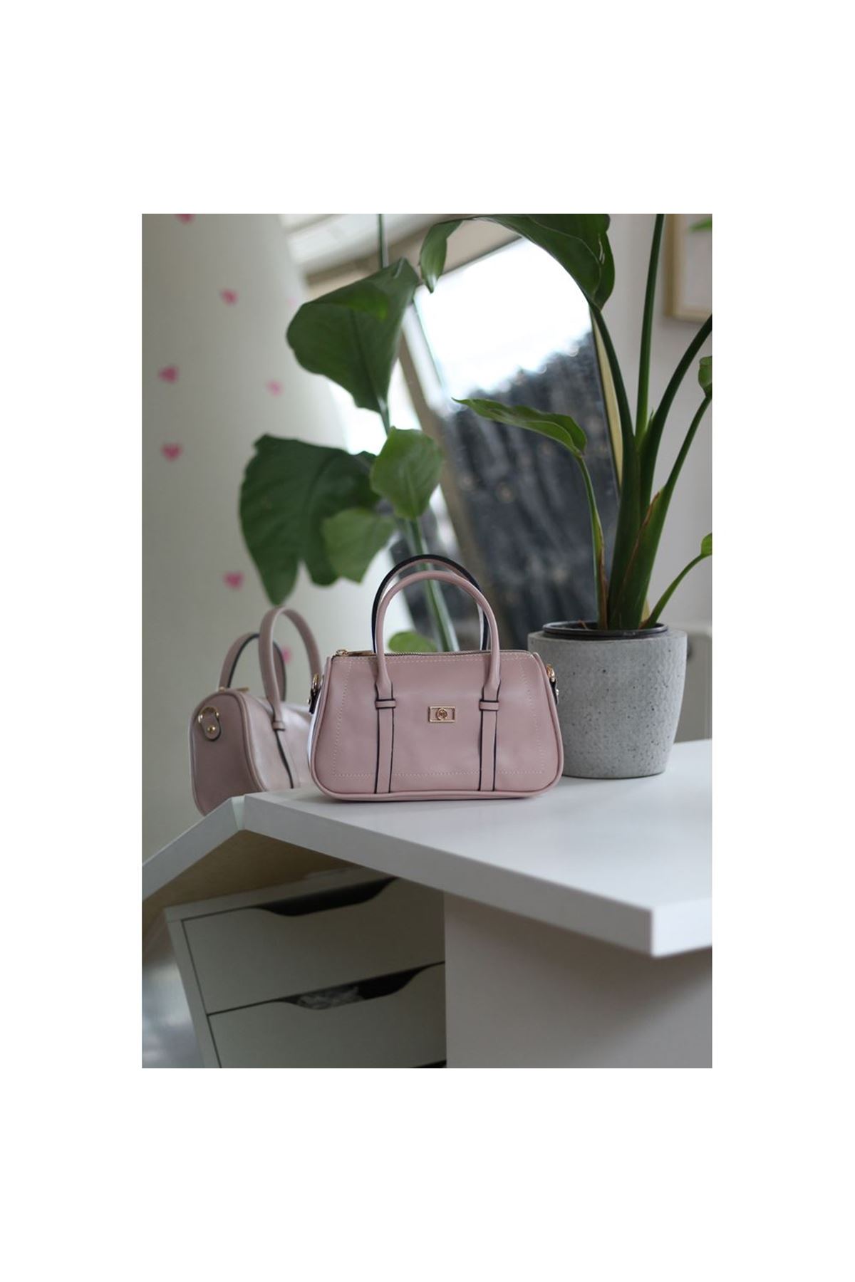 Kadın Pudra Çift Şeritli Minimal Günlük El &amp;amp; Omuz Çantası