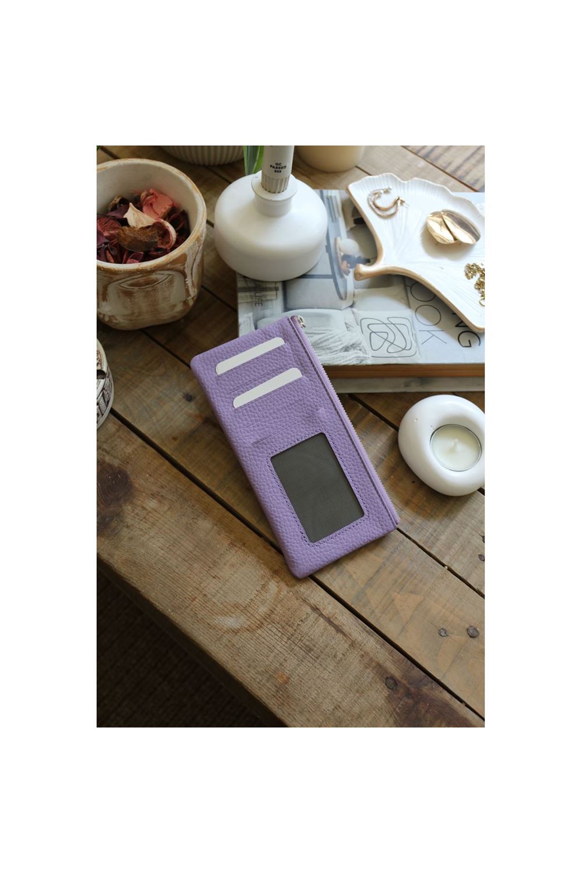 Kadın Lila Gerçek Deri Fermuar Detaylı Kartlık