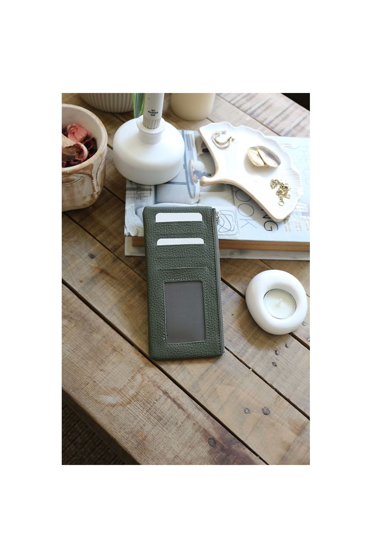 Kadın Haki Yeşil Gerçek Deri Fermuar Detaylı Kartlık