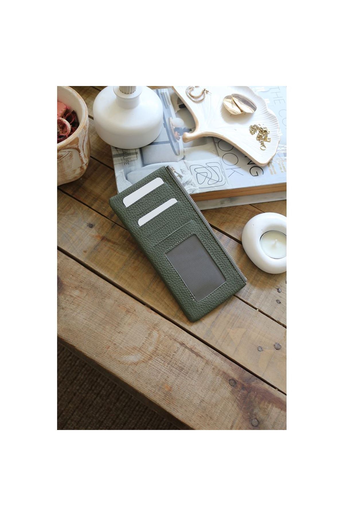 Kadın Haki Yeşil Gerçek Deri Fermuar Detaylı Kartlık