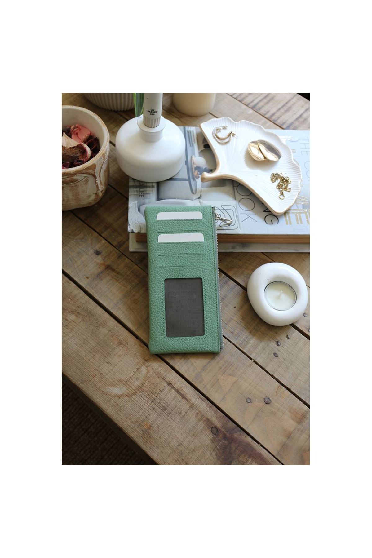 Kadın Mint Yeşili Gerçek Deri Fermuar Detaylı Kartlık
