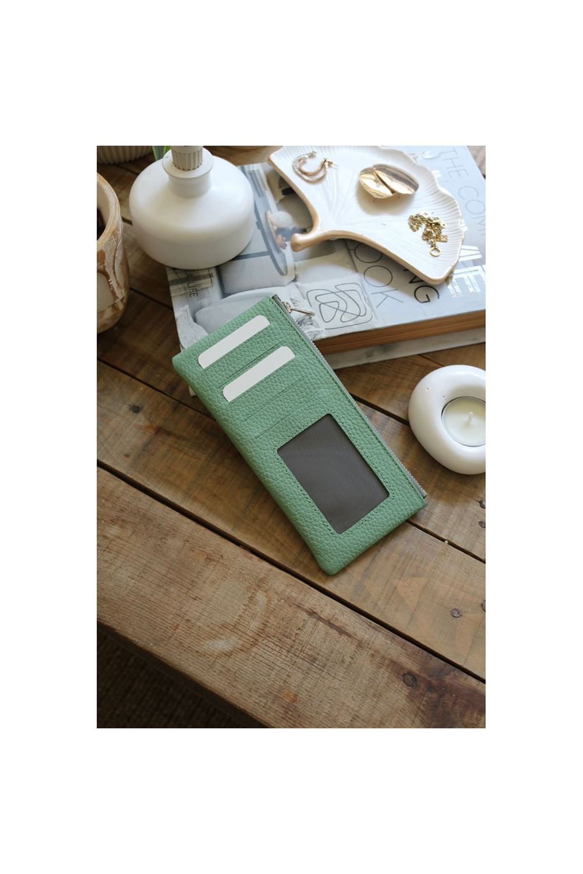 Kadın Mint Yeşili Gerçek Deri Fermuar Detaylı Kartlık