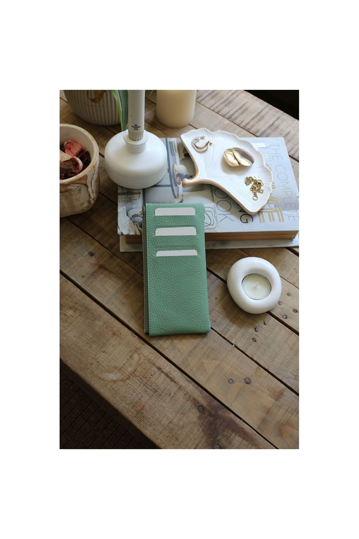 Kadın Mint Yeşili Gerçek Deri Fermuar Detaylı Kartlık