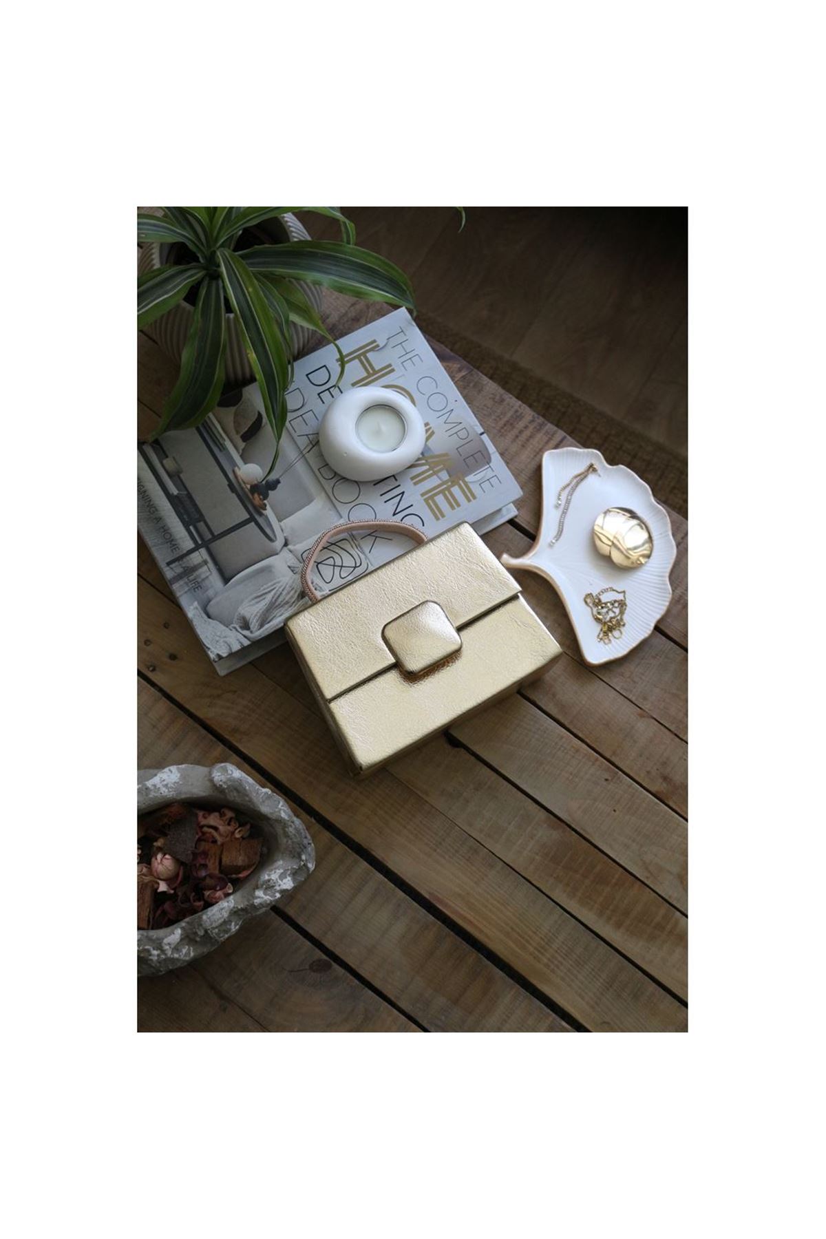 Gold Parlak Kare Tokalı Taş Tutma Saplı El Çantası