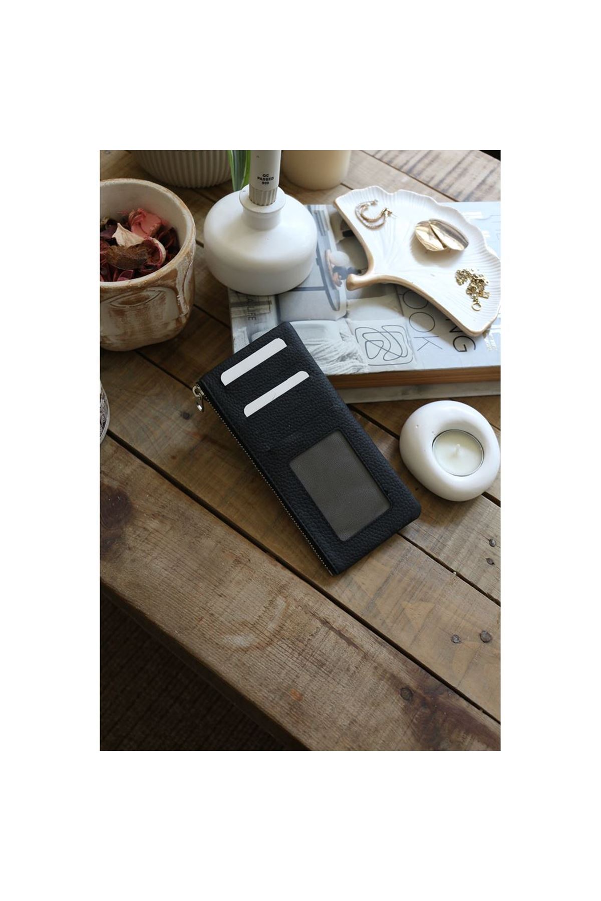 Kadın Siyah Gerçek Deri Fermuar Detaylı Kartlık