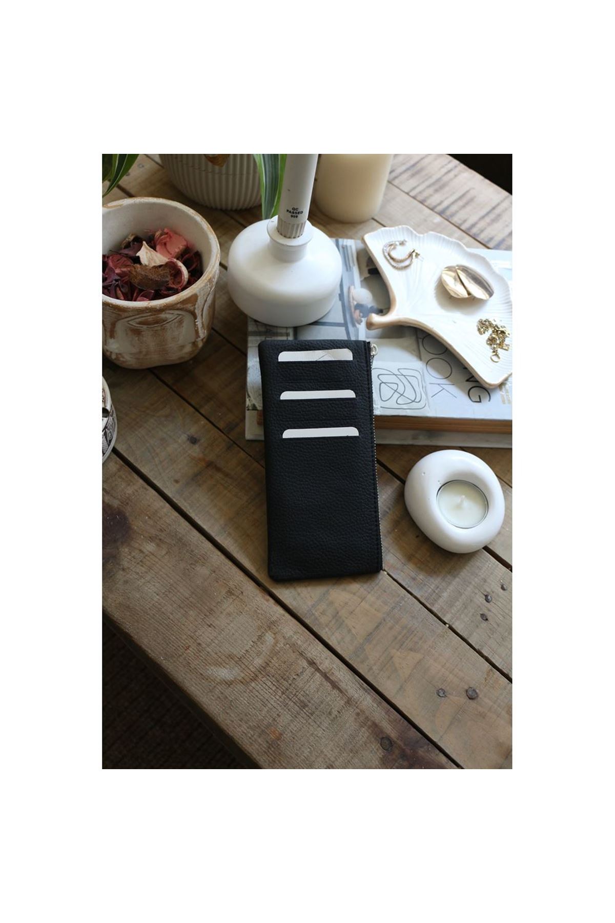 Kadın Siyah Gerçek Deri Fermuar Detaylı Kartlık