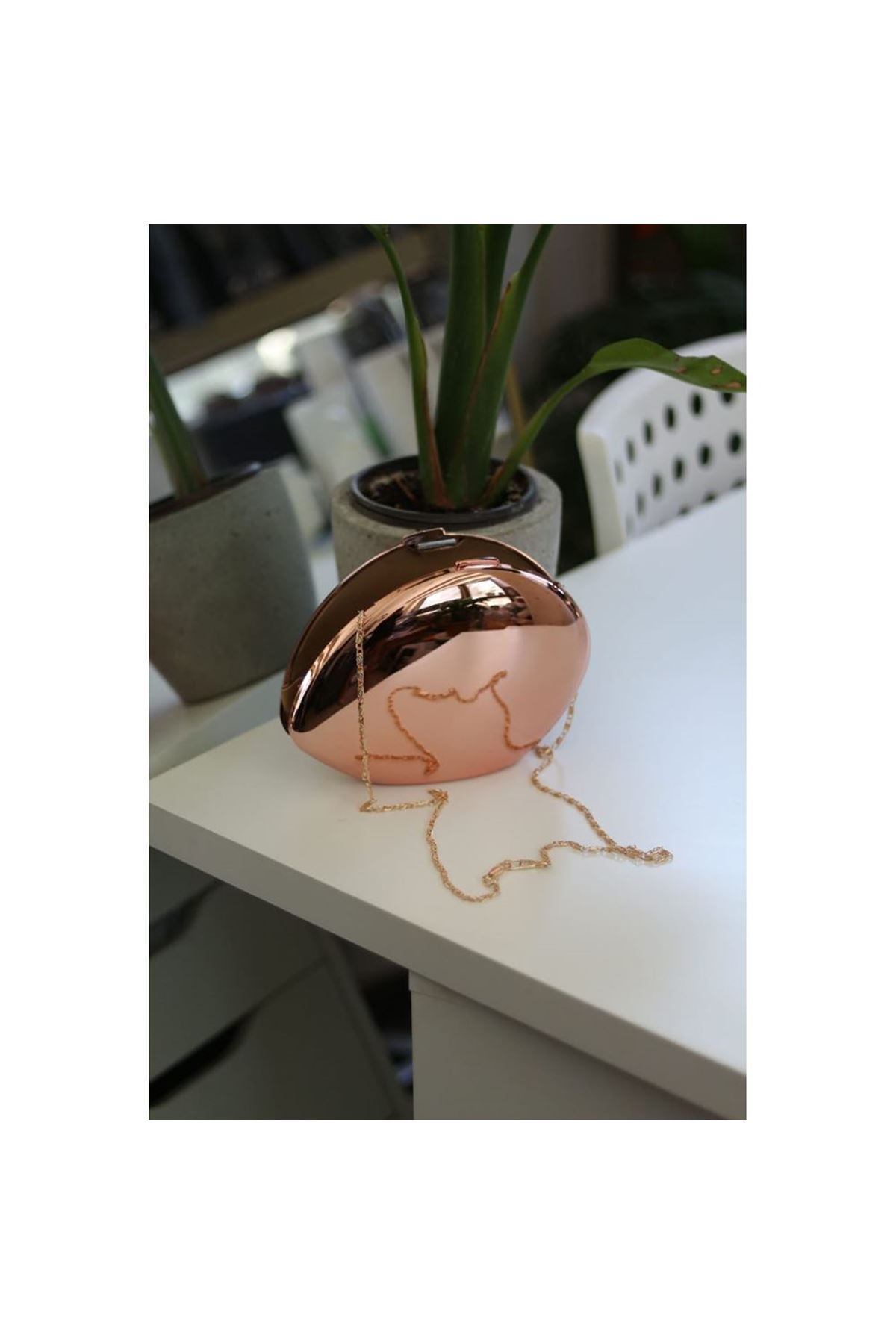 Rose Gold Asimetrik Yassı Taş Form Mika Abiye Çanta