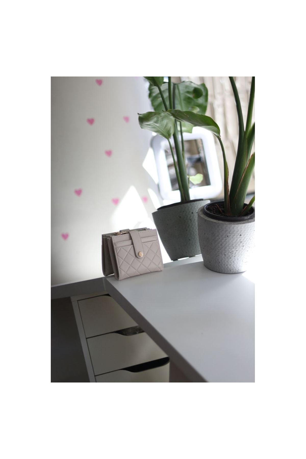 Kadın Krem Kare Baklava Desenli Mini Kartlık Cüzdan