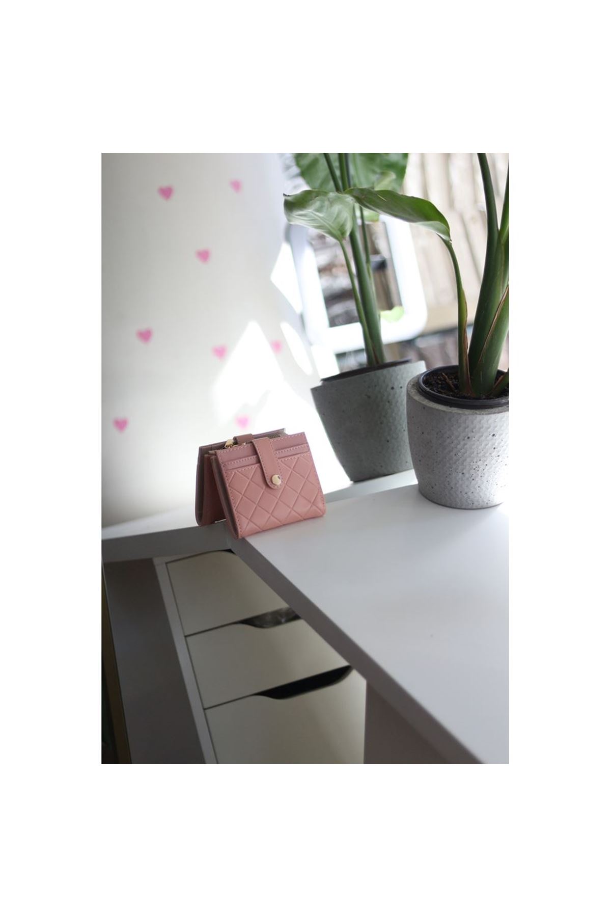 Kadın Pudra Kare Baklava Desenli Mini Kartlık Cüzdan