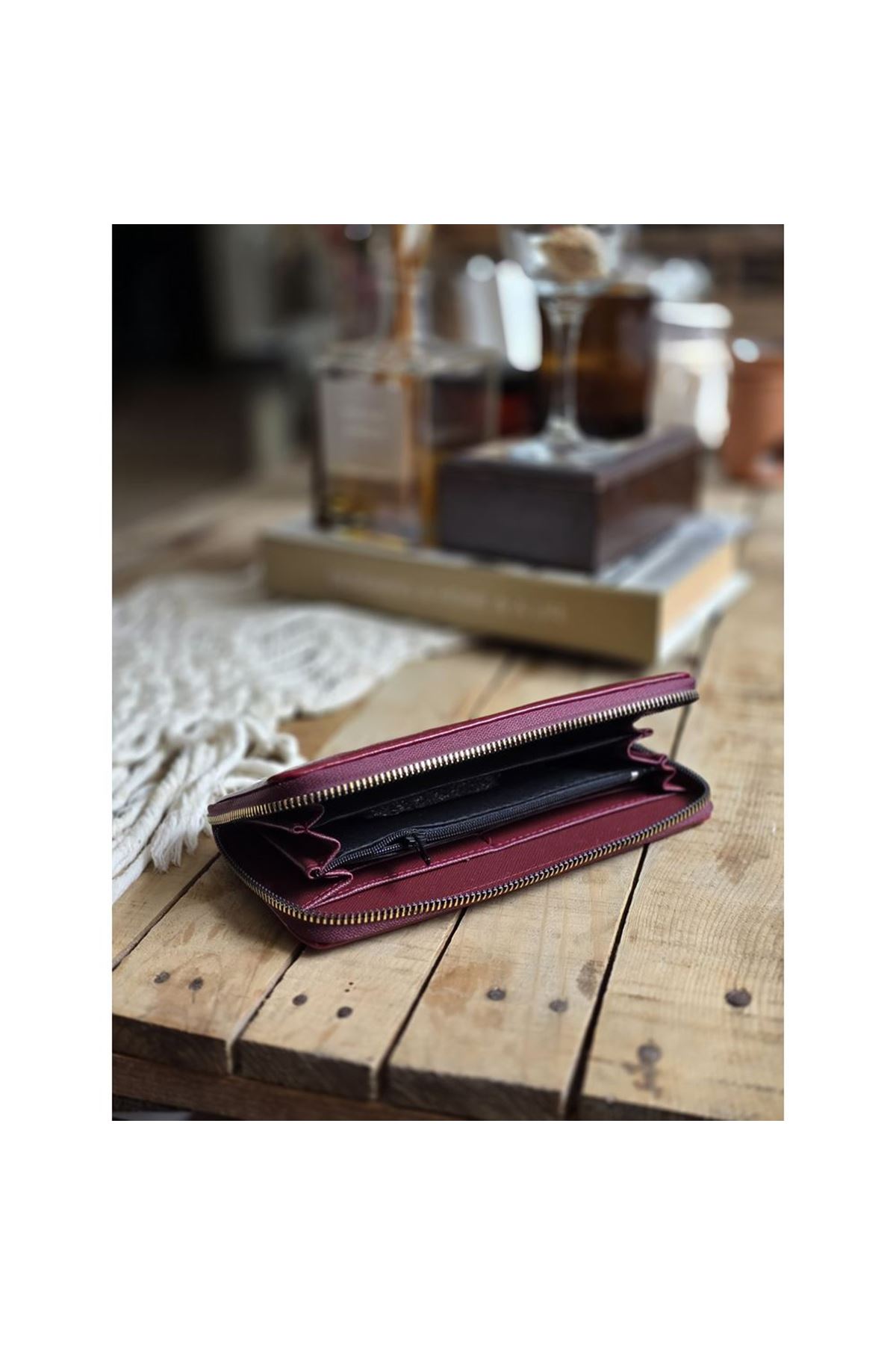 Bordo Dokulu Slim Kartlık Detaylı Cüzdan